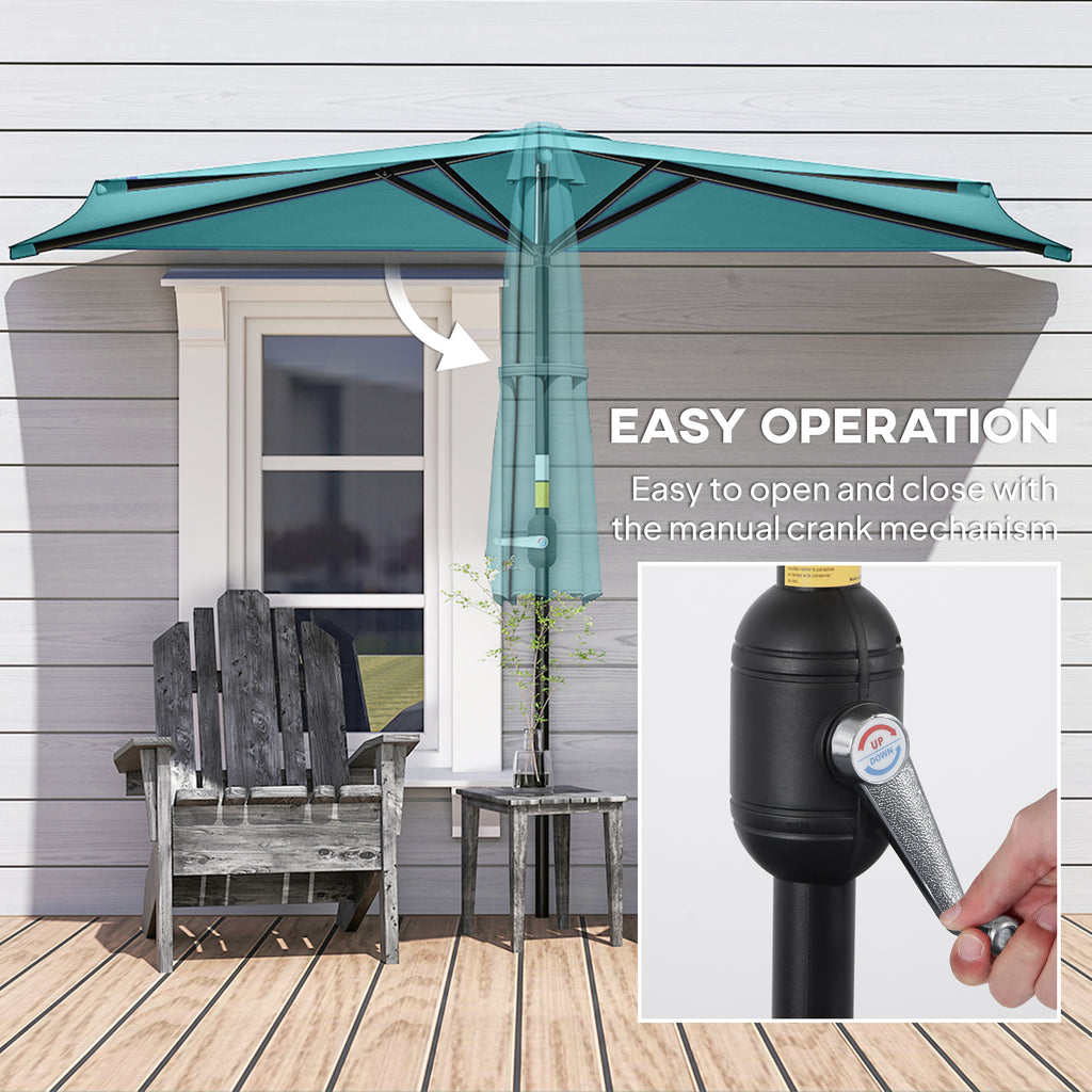 9.8ft Half Umbrella Semi Round Patio Parasol with Crank Handle, Top Vent for Garden, Balcony- NO BASE INCLUDED, Light Blue