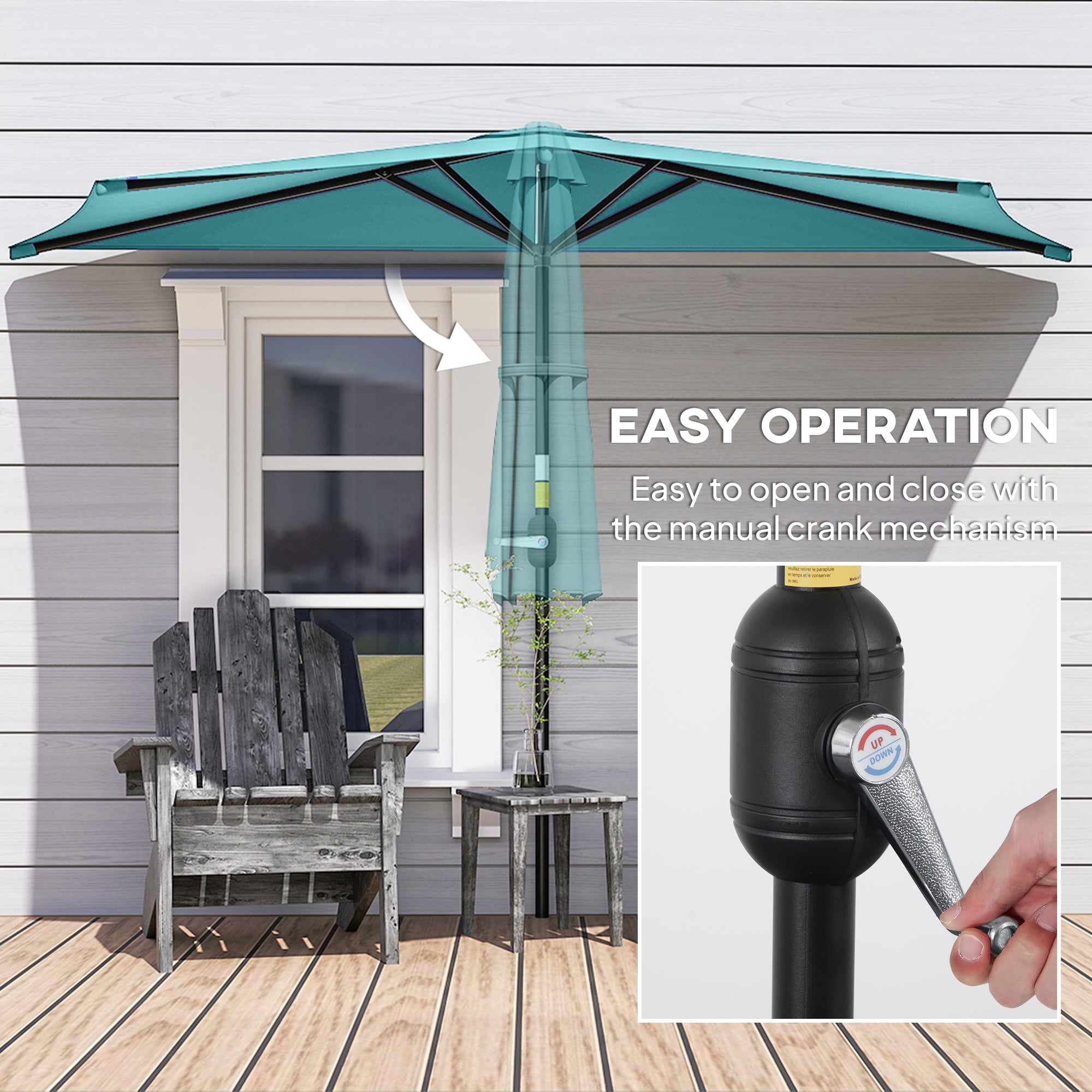 9.8ft Half Umbrella Semi Round Patio Parasol with Crank Handle, Top Vent for Garden, Balcony- NO BASE INCLUDED, Light Blue