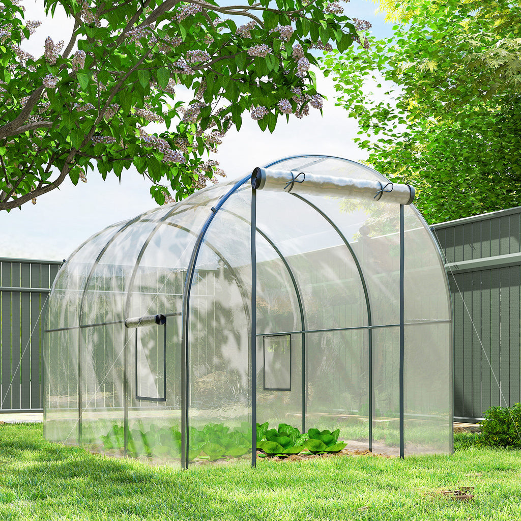 Polytunnel Greenhouse with Roll-up Door and Mesh Window, Walk-in Grow House Tent with Steel Frame, 3 x 2 x 2 m, Clear