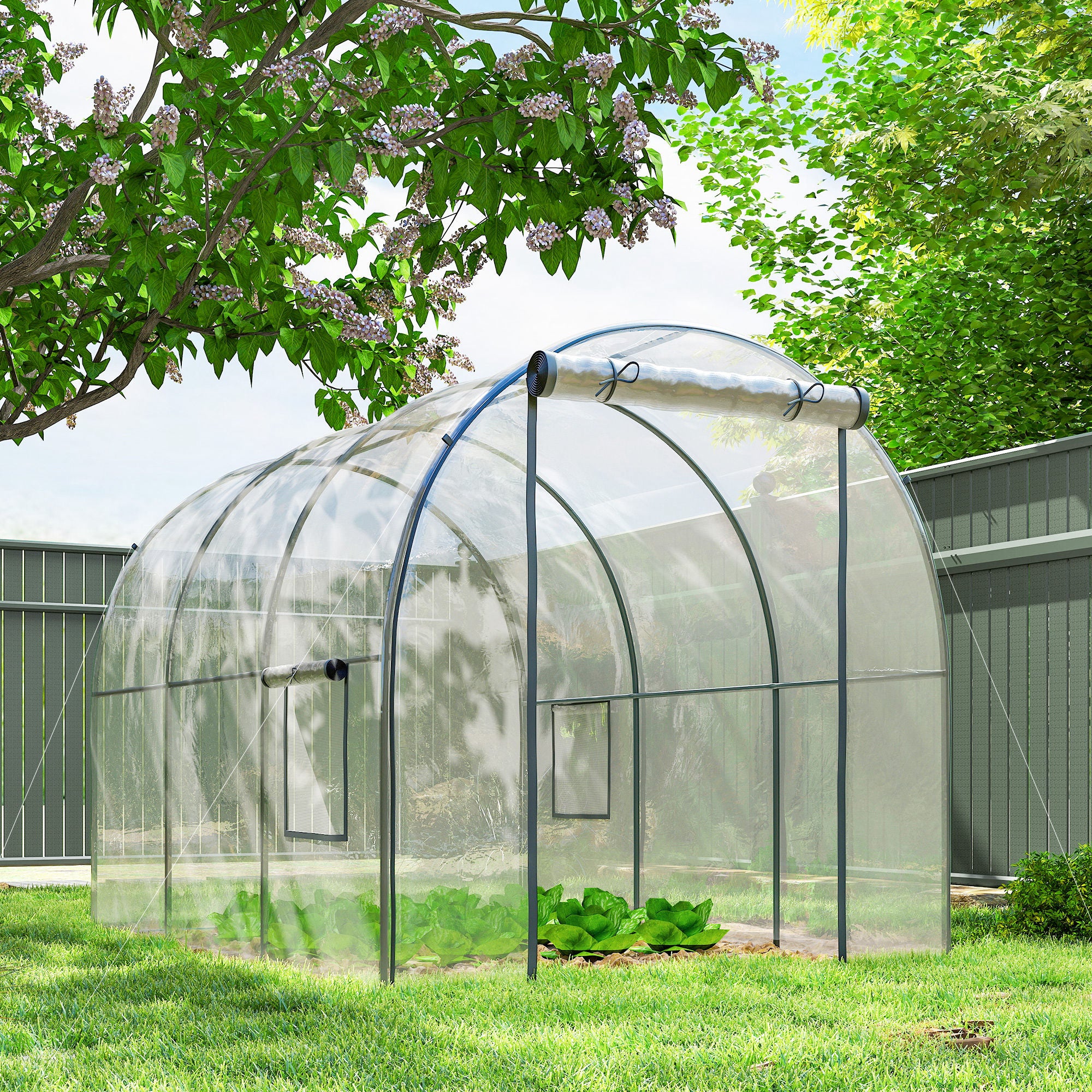 Polytunnel Greenhouse with Roll-up Door and Mesh Window, Walk-in Grow House Tent with Steel Frame, 3 x 2 x 2 m, Clear