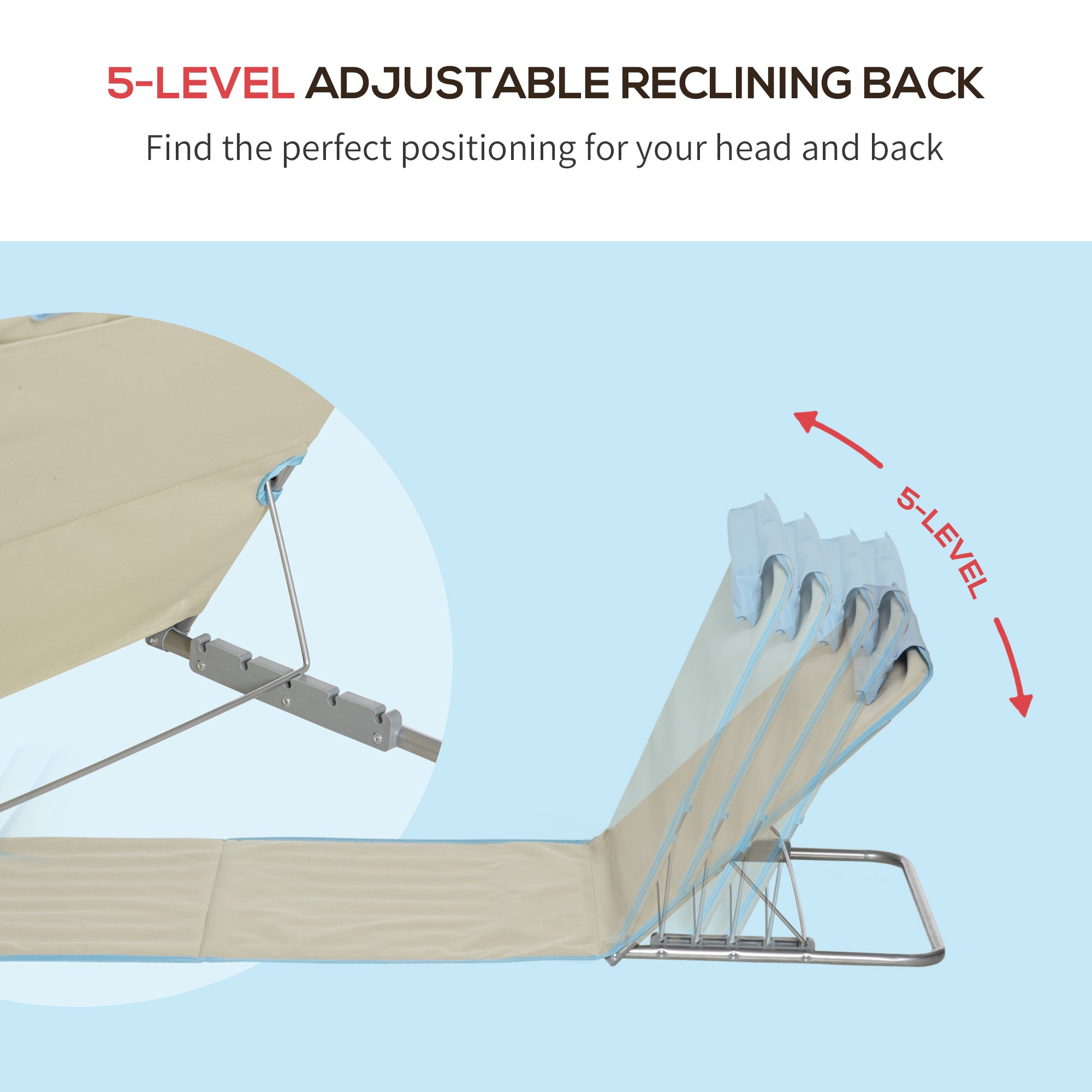 Set of 2 Beach Lounge Chair, Folding Ground Beach Mat w/ Adjustable Back, Steel Frame, Head Pillow and Carry Bag, Beige