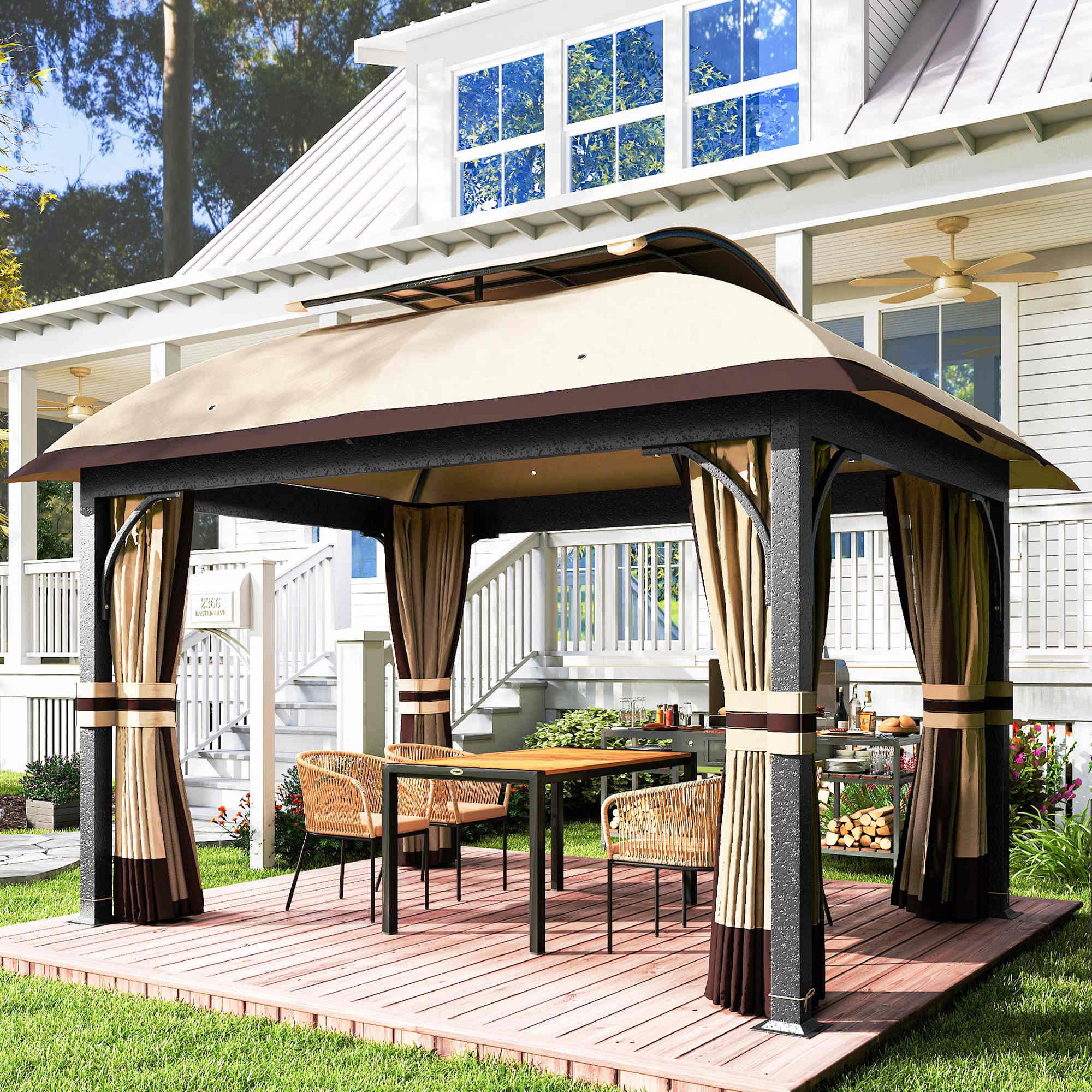 11'Â xÂ 13' Patio Gazebo, Double Roof Outdoor Gazebo Canopy with Netting & Curtains, Galvanized Metal Frame, Khaki