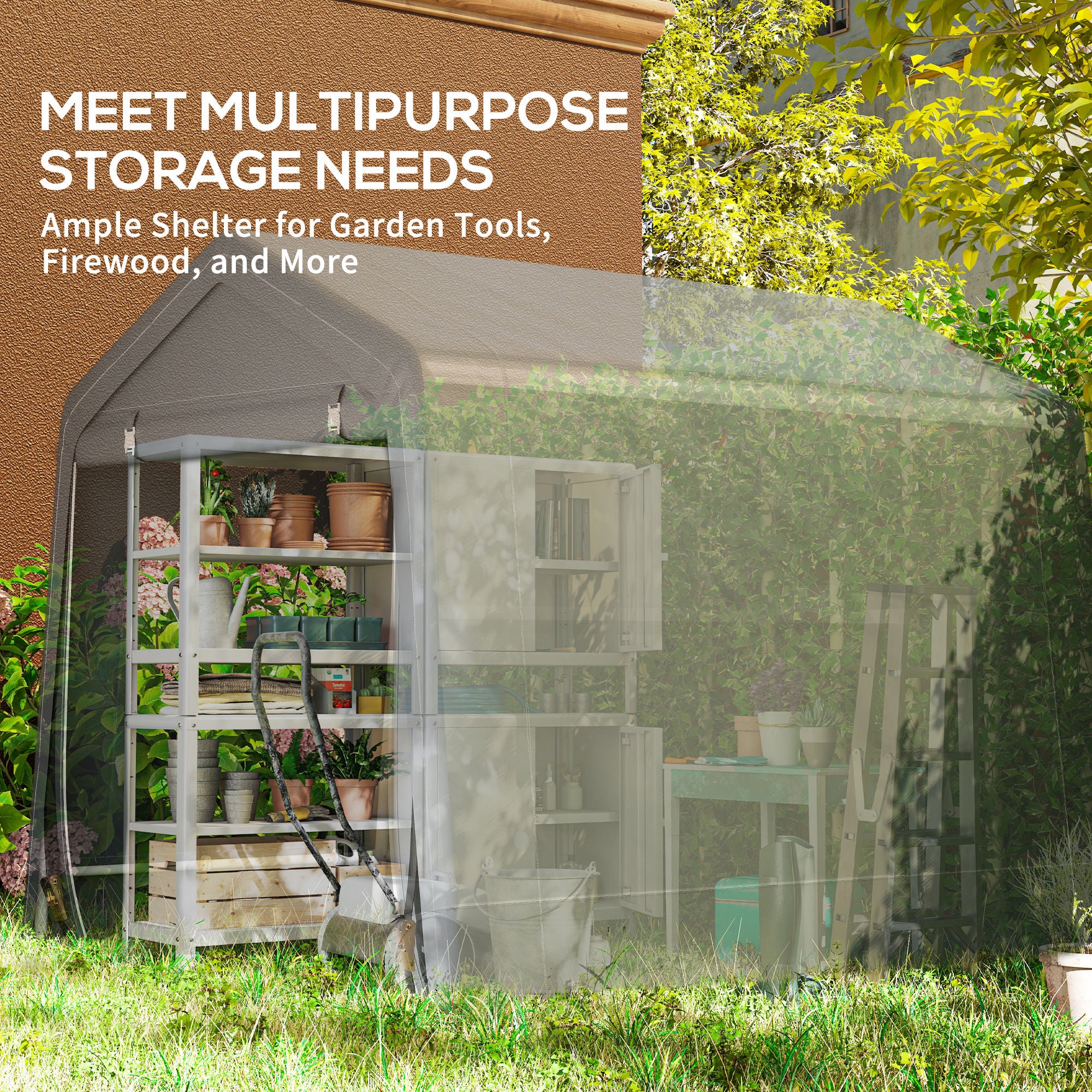7.9' x 6.6' Garden Storage Tent, Patio Storage Shelter w/ Metal Frame and Double Zipper Doors, Dark Grey