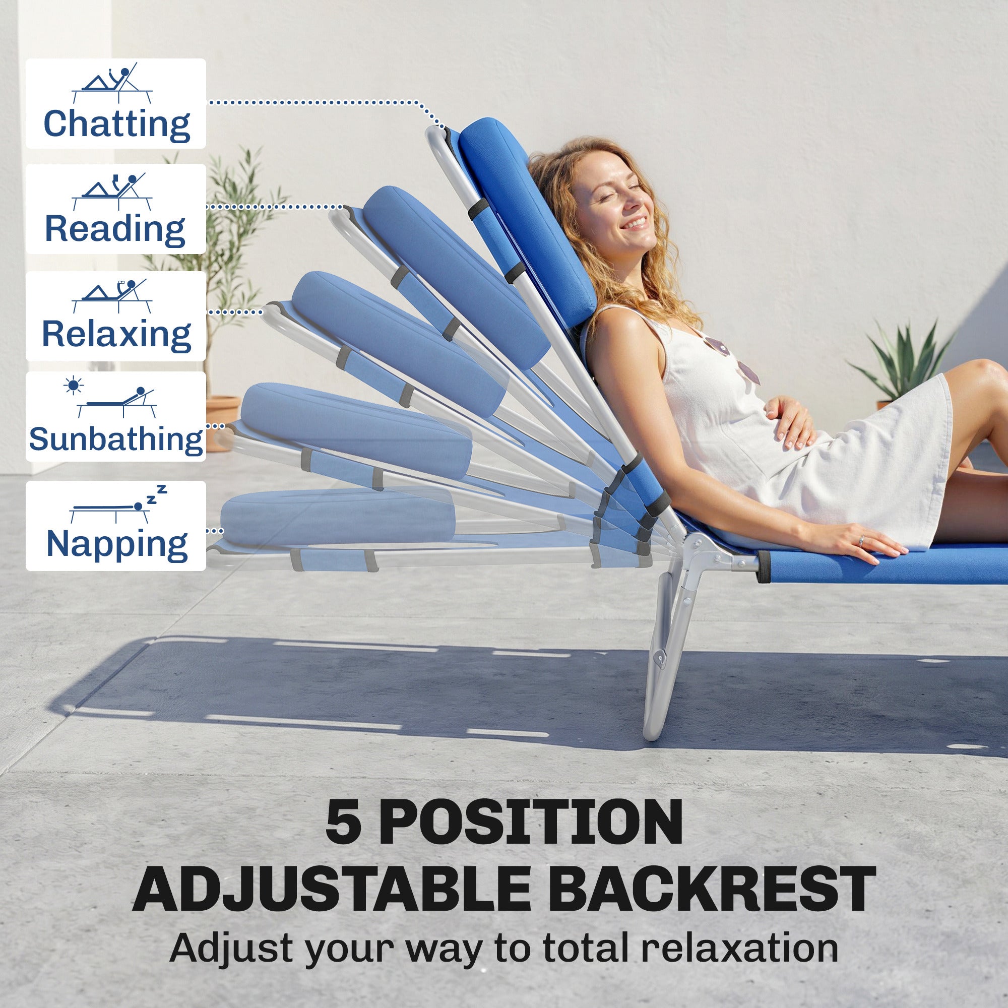 Folding Lounge Chair Outdoor, Tanning Chair with Face Hole Arm Slots, Beach Chaise Lounger with Pillow, 5-Position Adjustable Portable Sun Lounger Bed for Pool, Blue