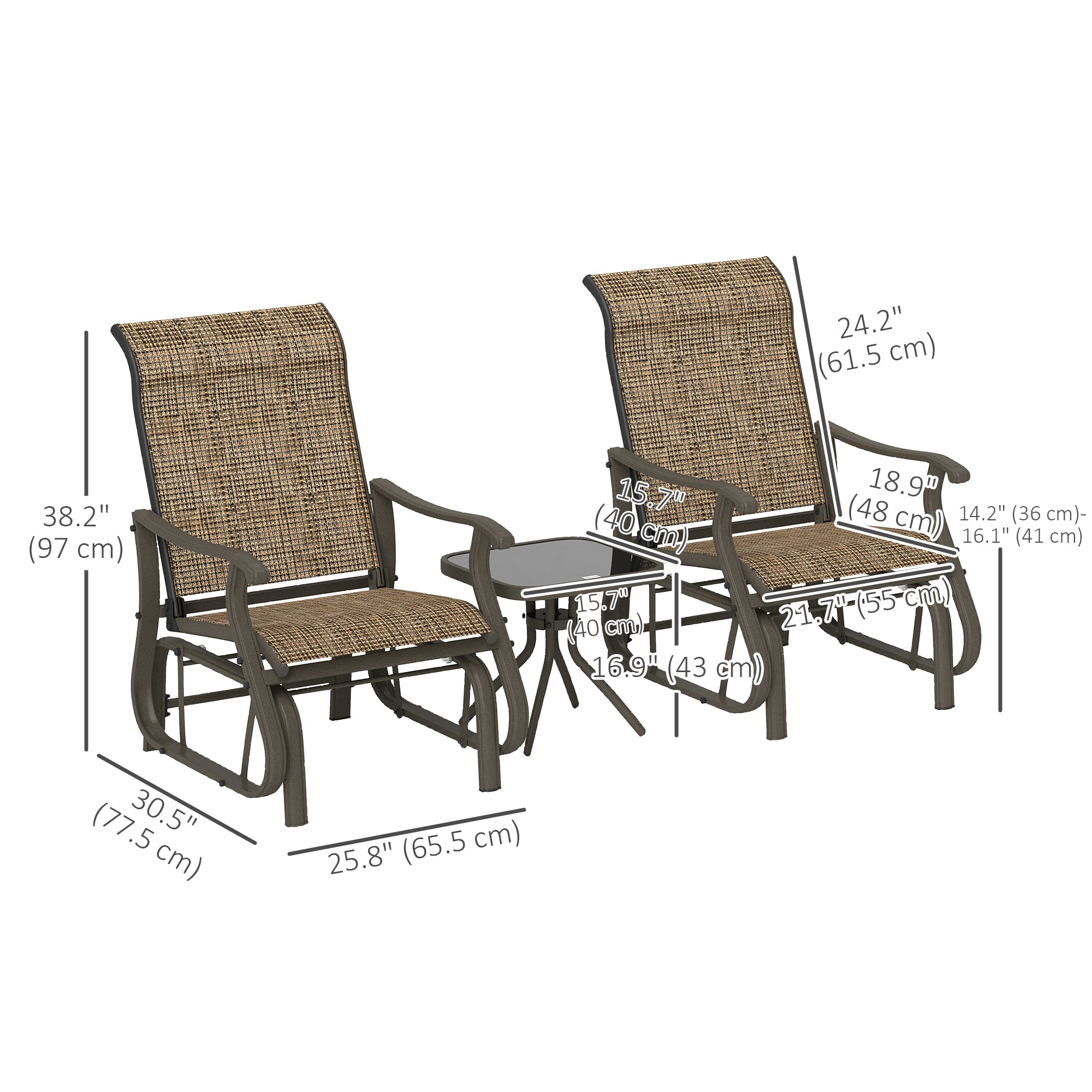 3PCs Gliding Rocking Chair & Bistro Tea Table Set, Brown