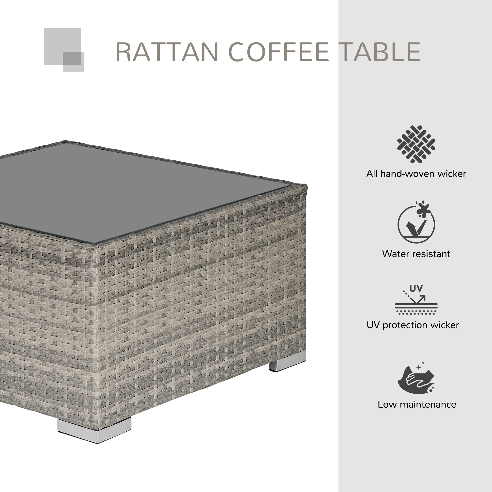 Rattan Garden Coffee Table, 25.6" Square Garden Rattan Table with Tempered Glass Top, Grey
