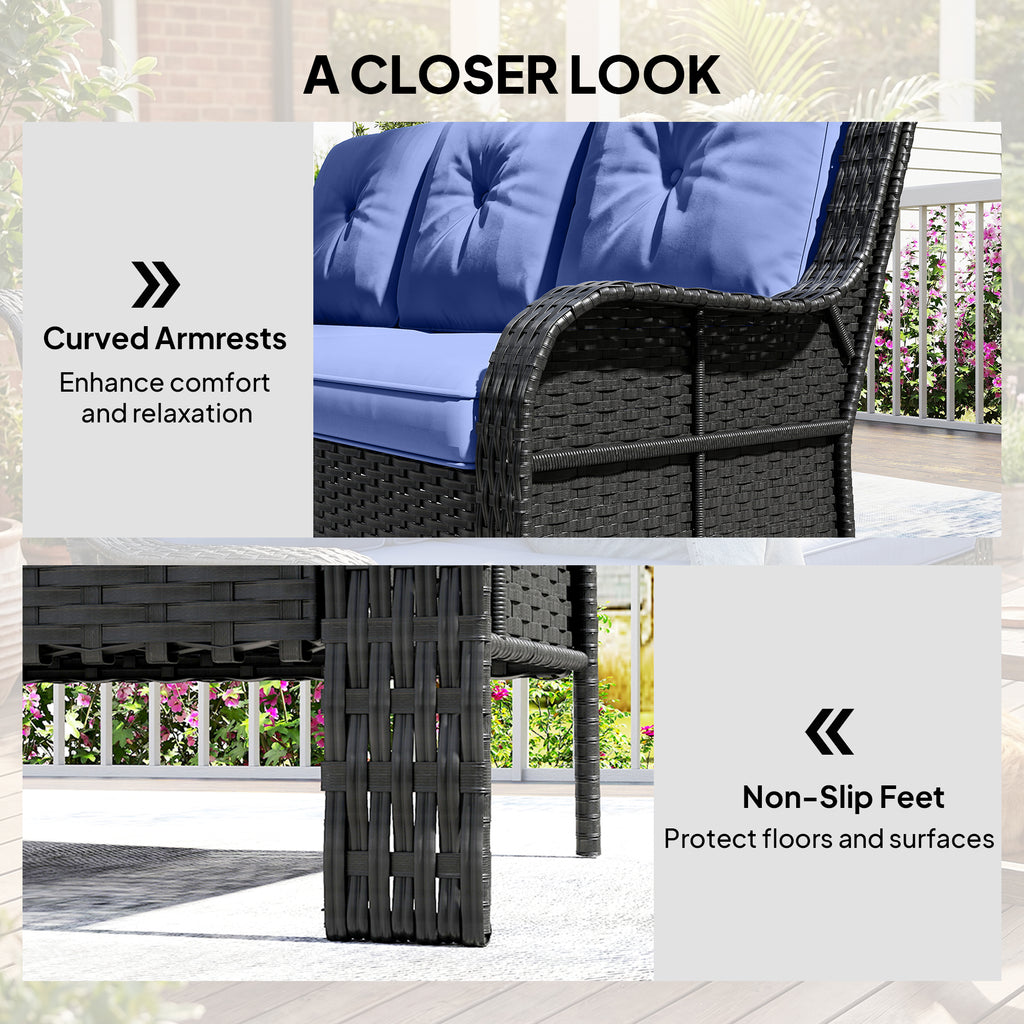 Wicker Patio Sofa with Cushions, 3 Seater Rattan Outdoor Couch for Patio, Garden, Porch, Backyard, Deep Blue