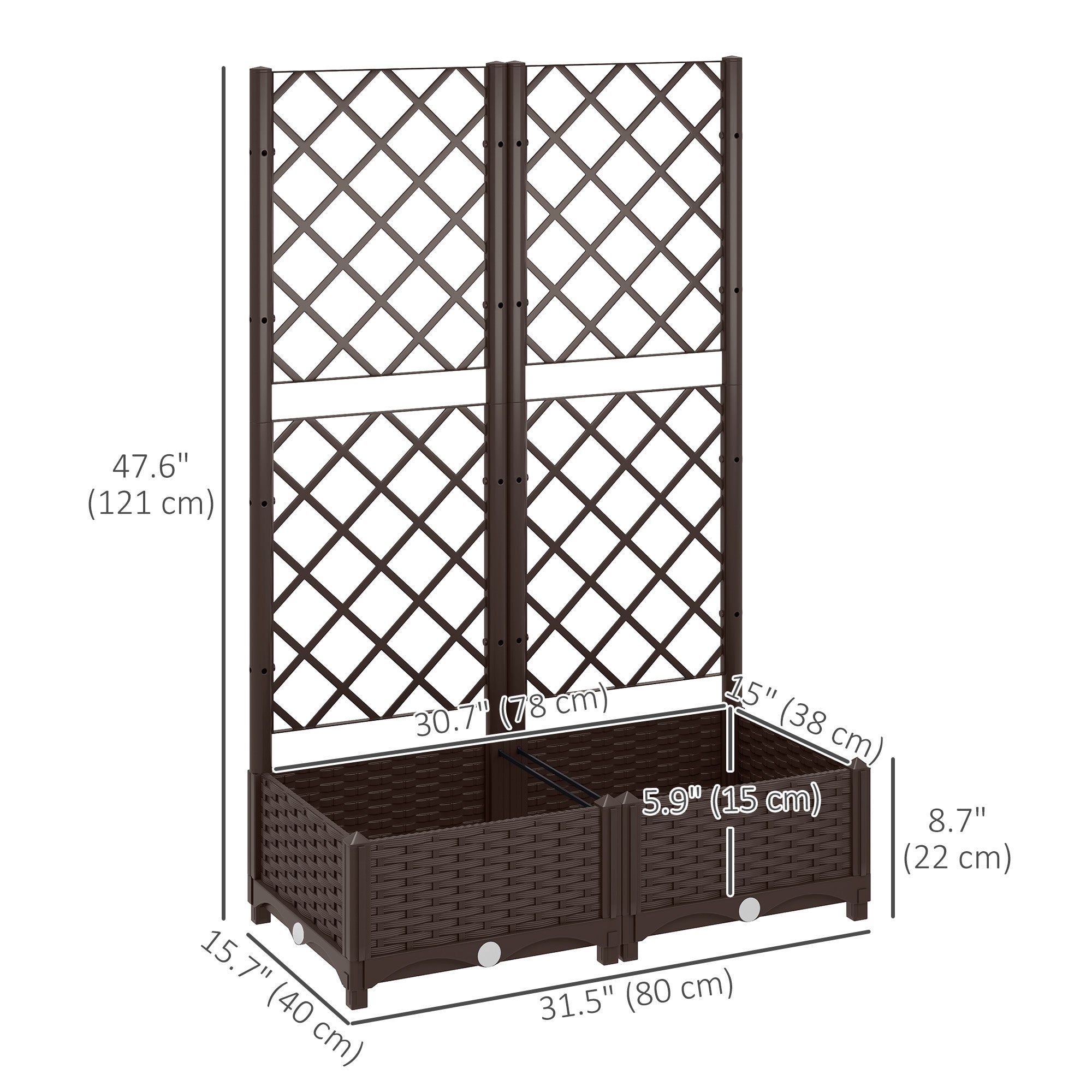 Raised Garden Bed with Trellis, Plastic Raised Flower Bed with Drainage Holes and Drain Plugs, 32" x 16" x 48"