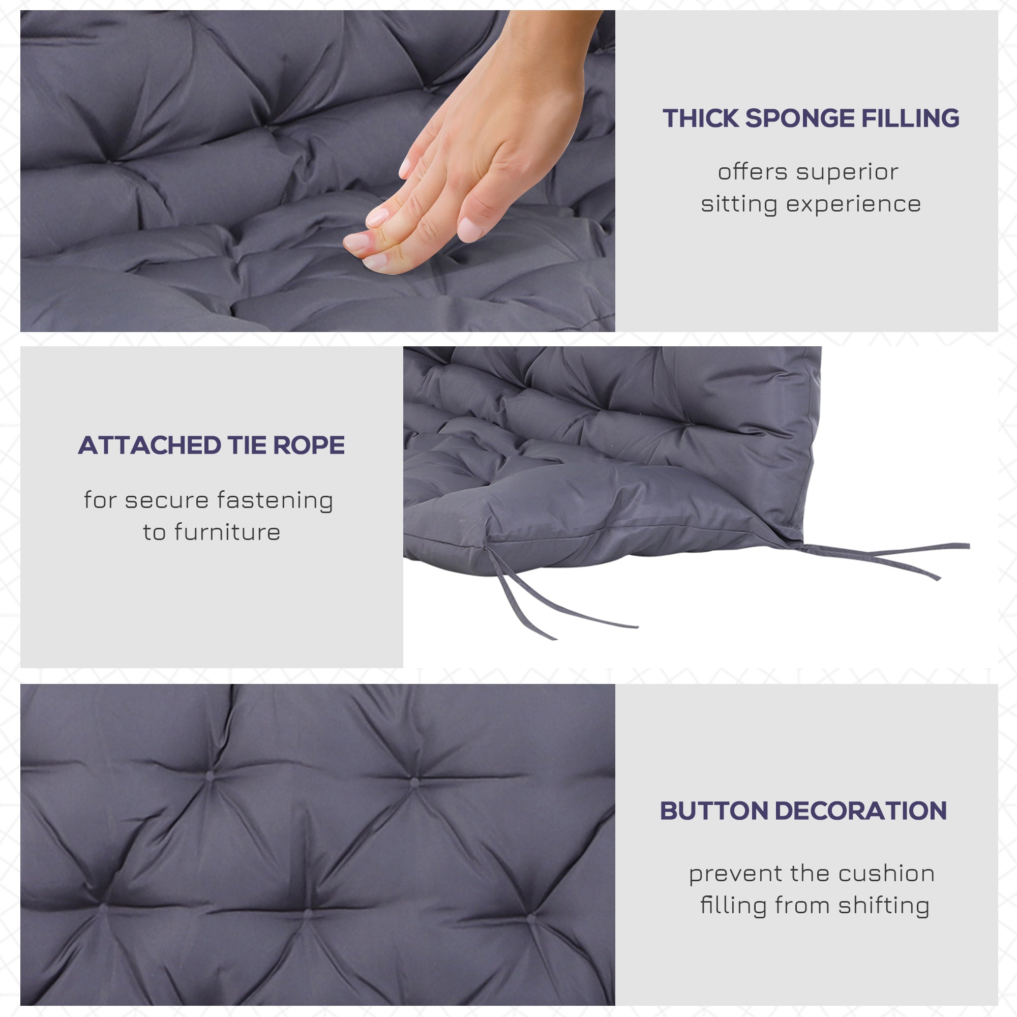 2 Seater Garden Bench Cushion, Soft Thick Outdoor Non-Slip 2 Seater Soft Pad With Backrest for Garden Patio, 52" x 43" x 4", Dark Grey