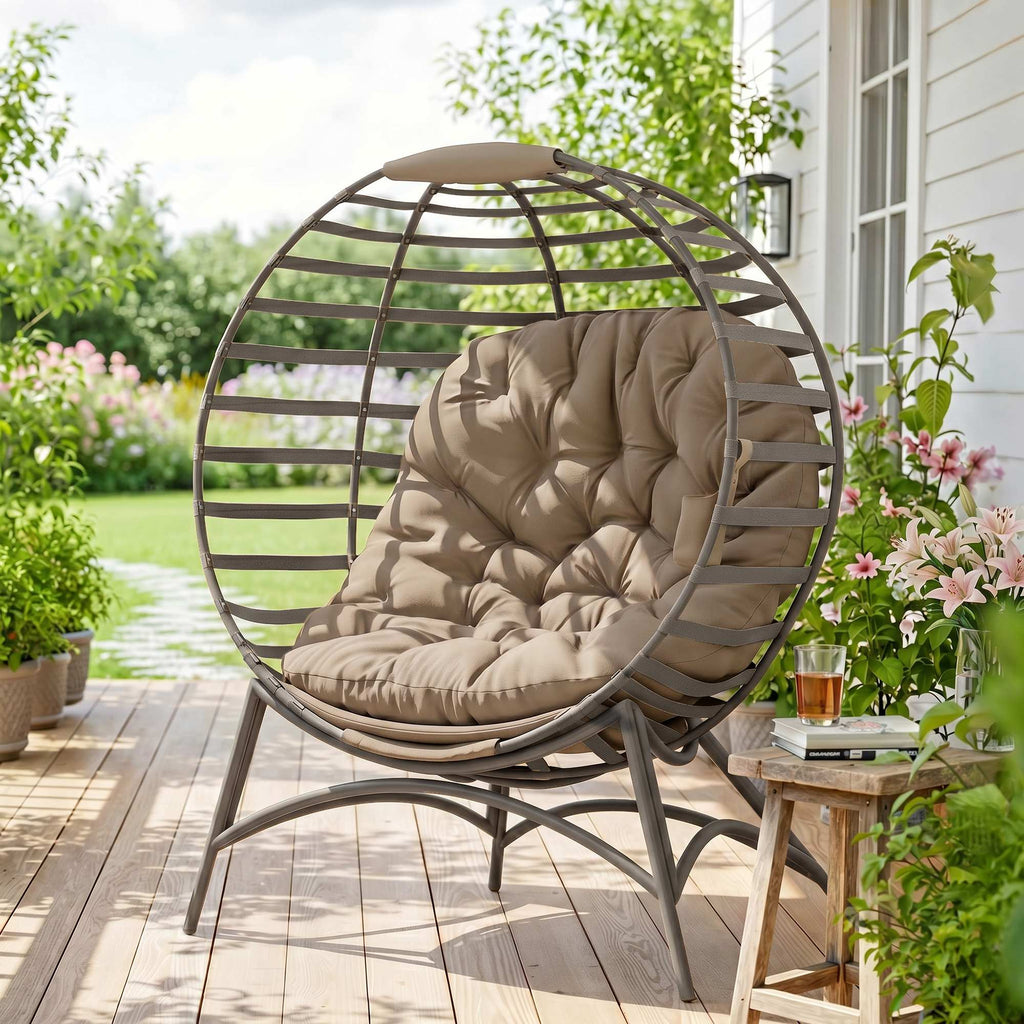 Egg Chair, Patio Lounge Chair, Foldable Basket Chair with Large Seat Cushion, Side Pocket, Sand