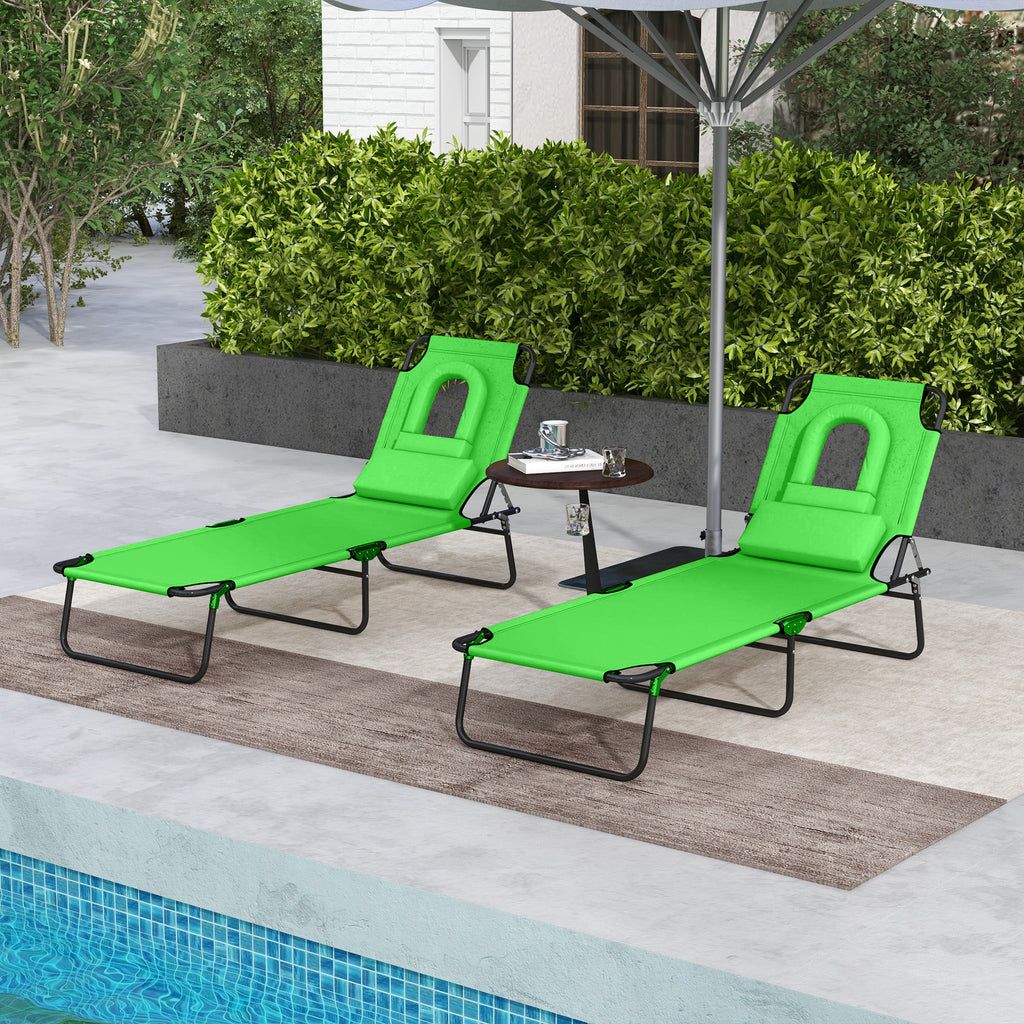 Folding Lounge Chair Set of 2, Reclining Beach Tanning Chair with Face Hole, Pillow, 4-Position Adjustable Flat Sun Lounger, Steel Frame for Outdoor Patio Pool, Green