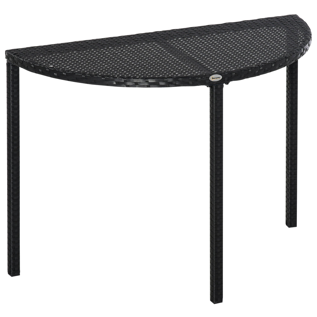 Half Round Side Table, PE Rattan Coffee Table with Metal Frame for Patio, Garden, Balcony, Black