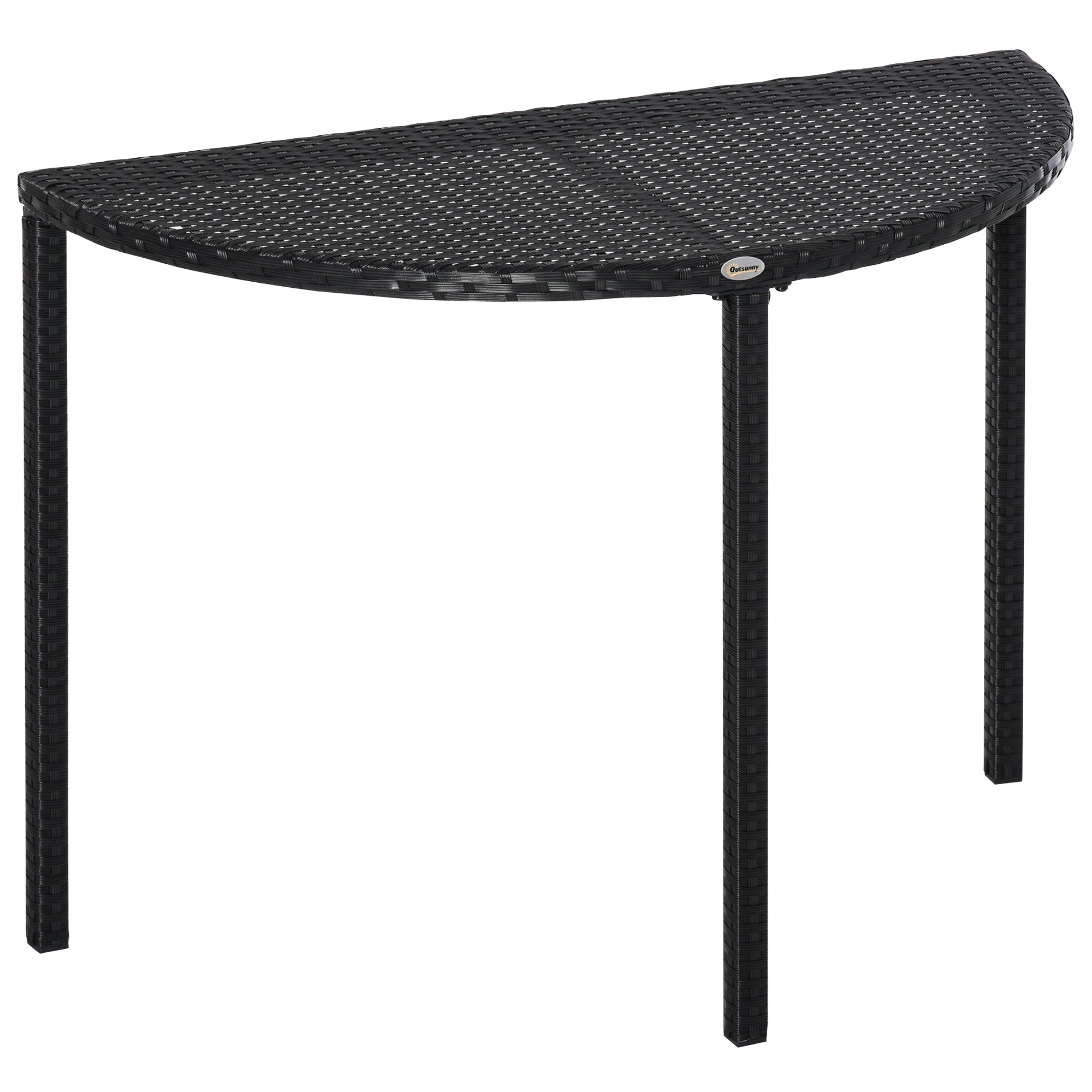 Half Round Side Table, PE Rattan Coffee Table with Metal Frame for Patio, Garden, Balcony, Black