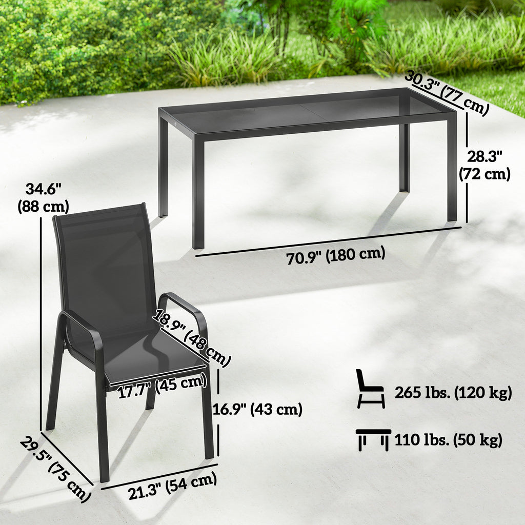 9 Pieces Patio Set with Stackable Chairs, Patio Dining Set with Glass Top for Garden, Patio, Backyard, Black