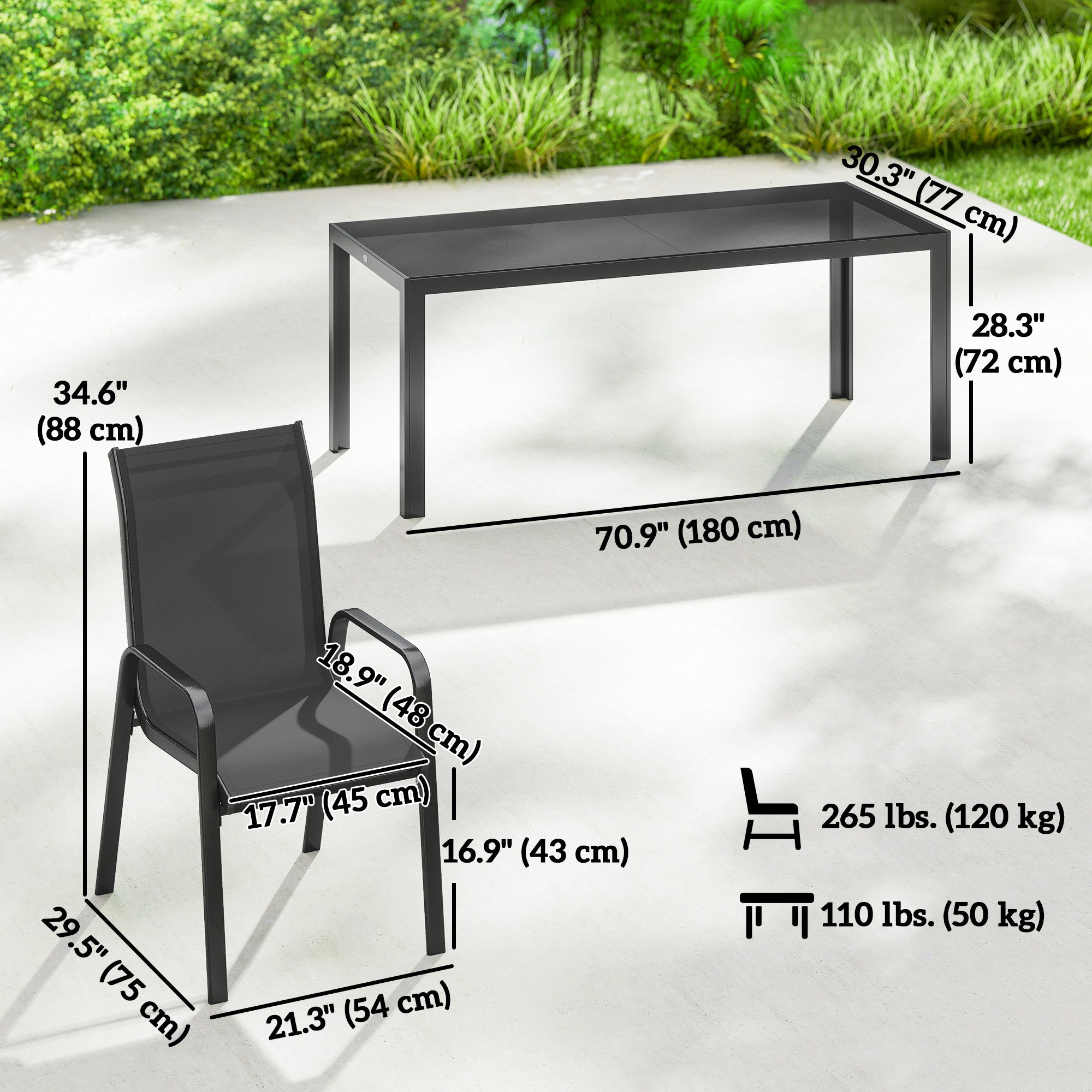 9 Pieces Patio Set with Stackable Chairs, Patio Dining Set with Glass Top for Garden, Patio, Backyard, Black