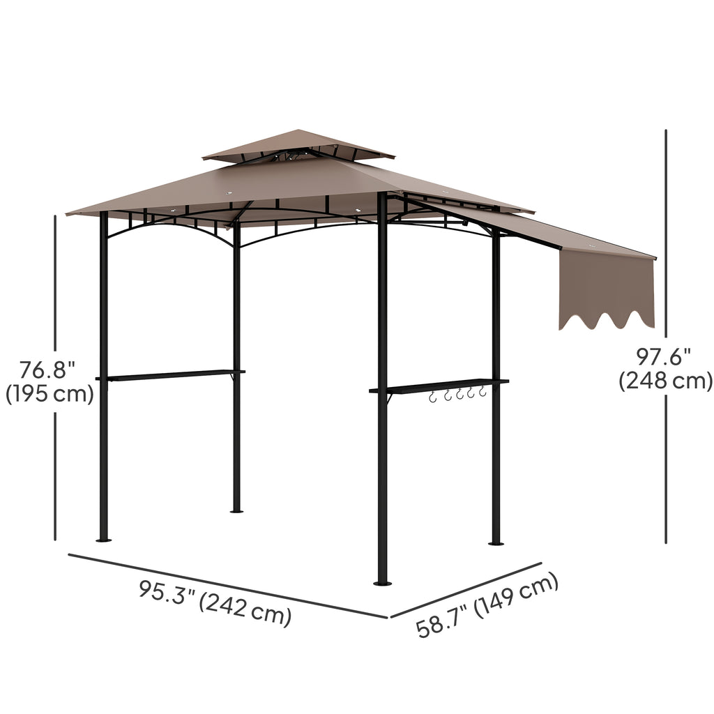 8' x 5' Grill Gazebo, Double Tiered Barbecue Grill Gazebo Shelter with Side Awning, 2 Side Shelves, 6 Hooks, Khaki