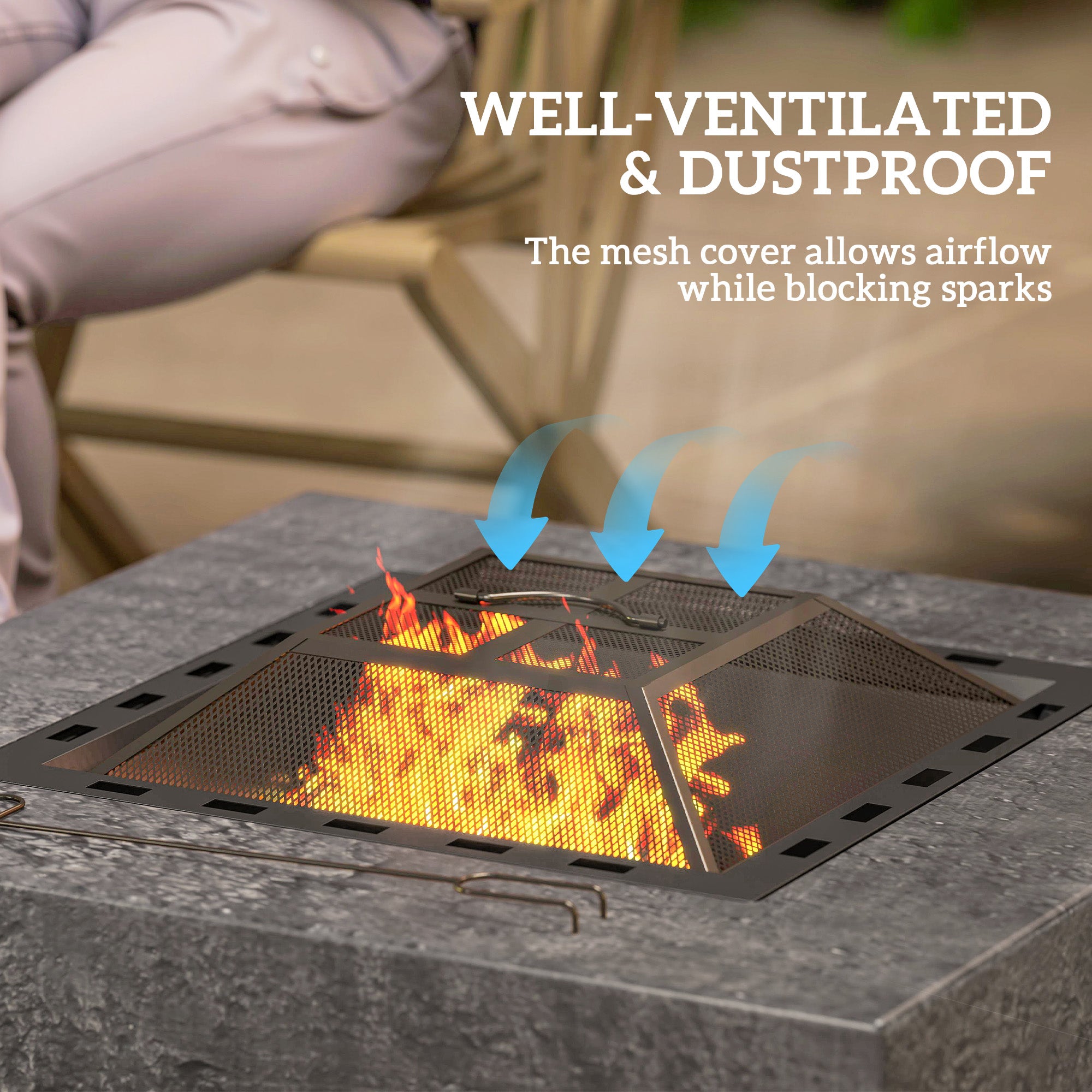 Fire Pit with Fire Poker, Wood Burning Firepit for Outside with Mesh Lid, Magnesium Oxide Stone Texture, Charcoal Grey
