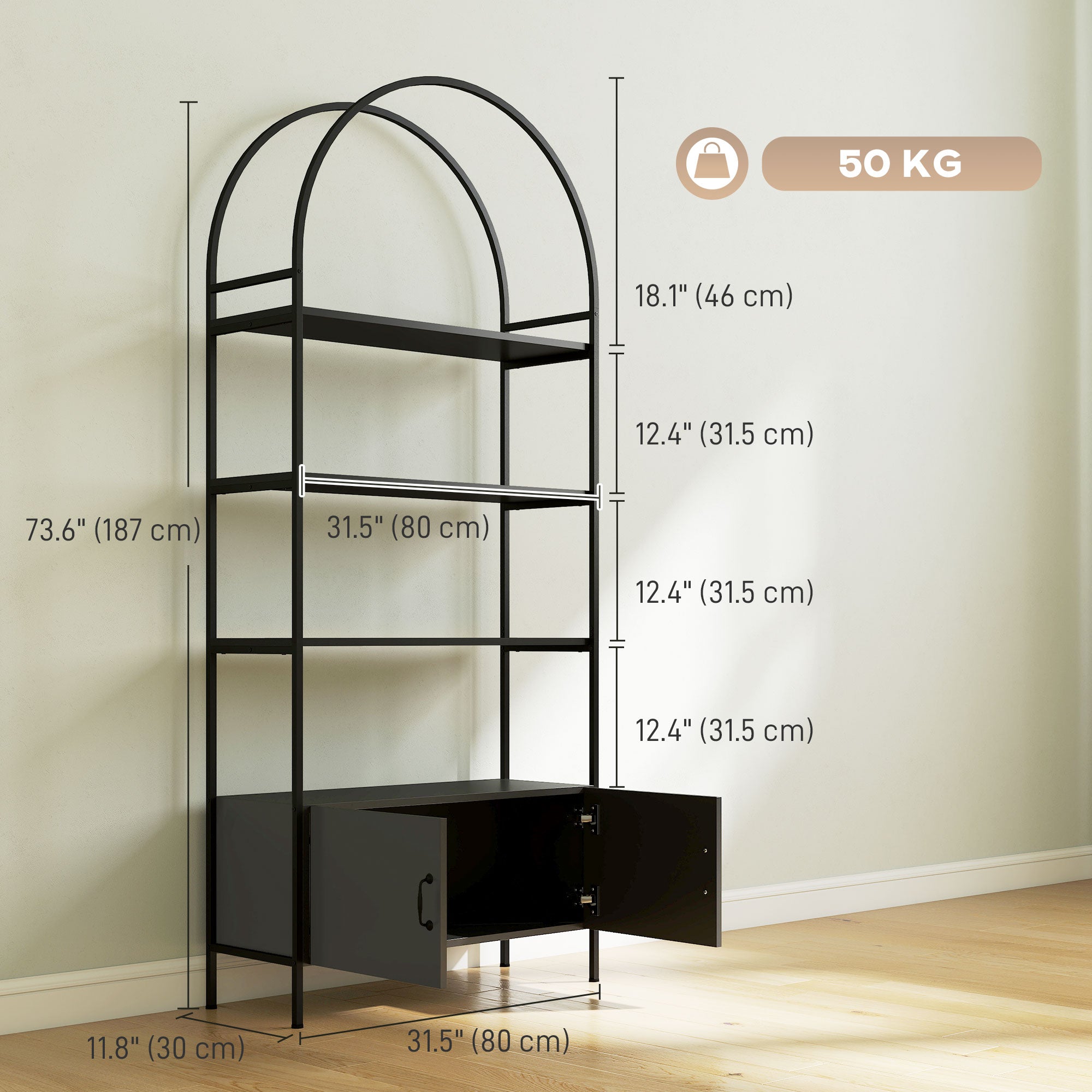 4-Tier Arched Shelving Unit with Cabinet, Bookshelf for Living Room, Office, 31.5" x 11.8" x 73.6", Black