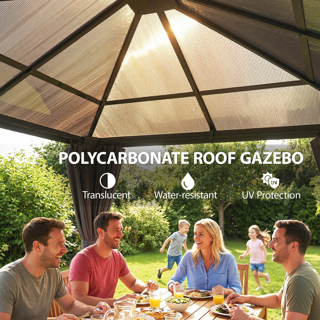 10' x 10' Outdoor Hardtop Gazebo Canopy withÂ UV60+ Polycarbonate Roof, Steel Frame, Central Hook,Â Curtains, Light Grey