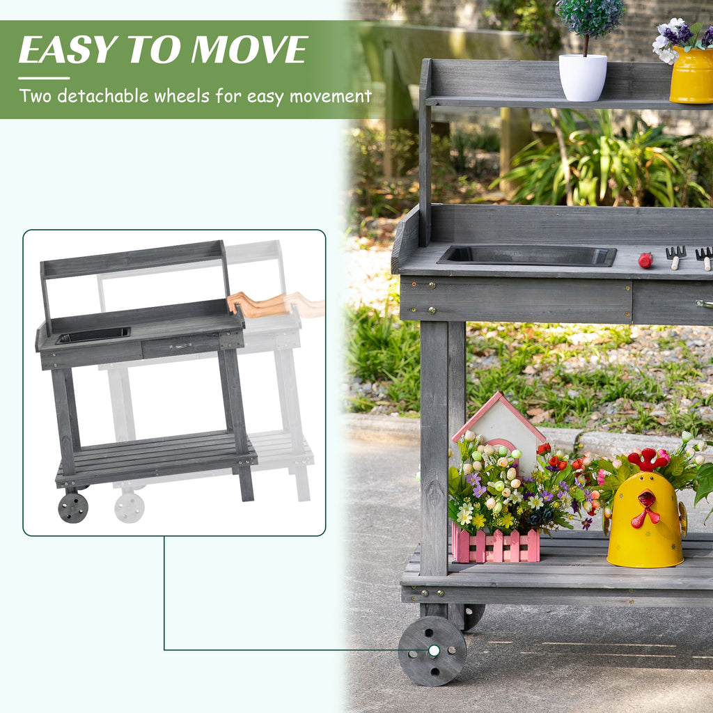 36" Wooden Potting Bench Work Table with 2 Removable Wheels, Sink, Drawer & Large Storage Spaces, Gray
