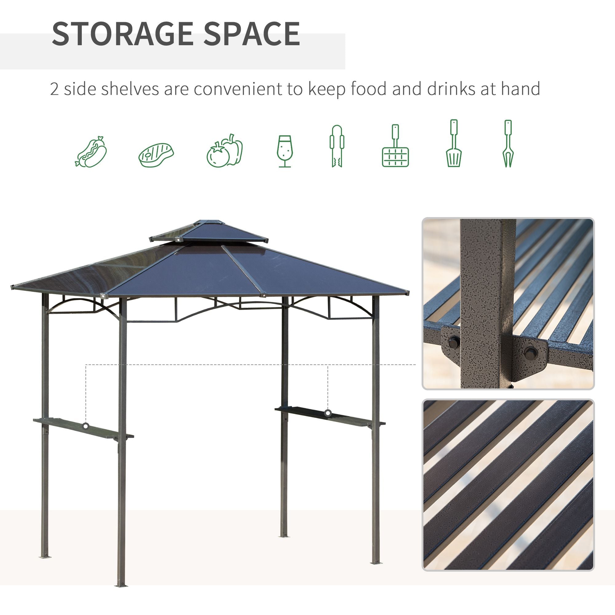 8' x 5' Hardtop Grill Gazebo, Aluminium BBQ Canopy Gazebo, Outdoor Canopy with Side Shelves & Double Roof