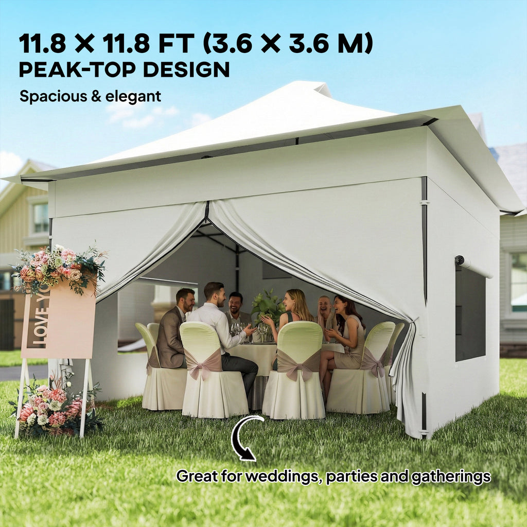 12 x 12 ft Pop Up Canopy Tent with Peak Top, UPF50+ 420D Outdoor Instant Canopy Shelter with Side Pockets, Silver