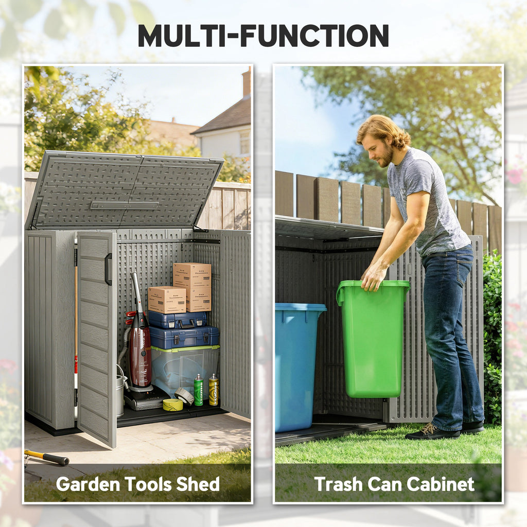 33 Cu.ft Plastic Outdoor Storage Shed, Storage Cabinet Tool Box with Lockable Double Doors and Flip-Top Lid Light Grey