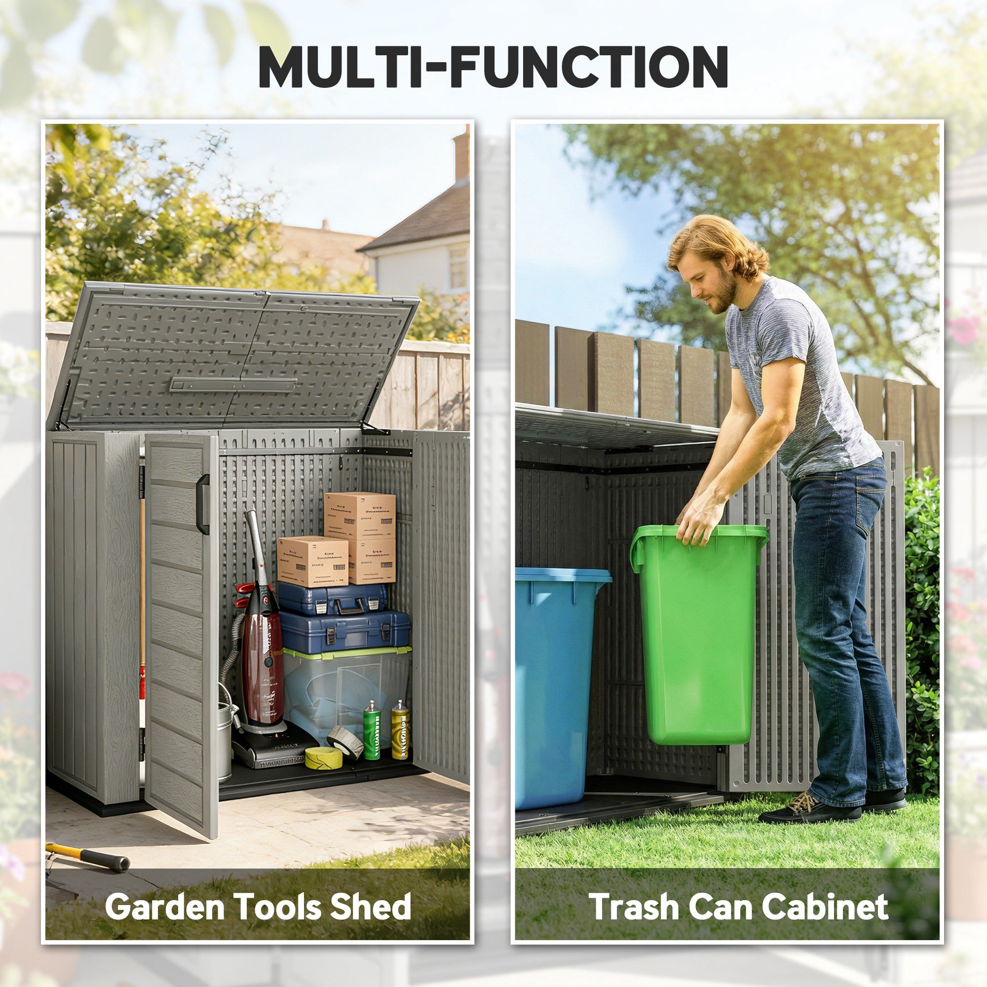 33 Cu.ft Plastic Outdoor Storage Shed, Storage Cabinet Tool Box with Lockable Double Doors and Flip-Top Lid Light Grey