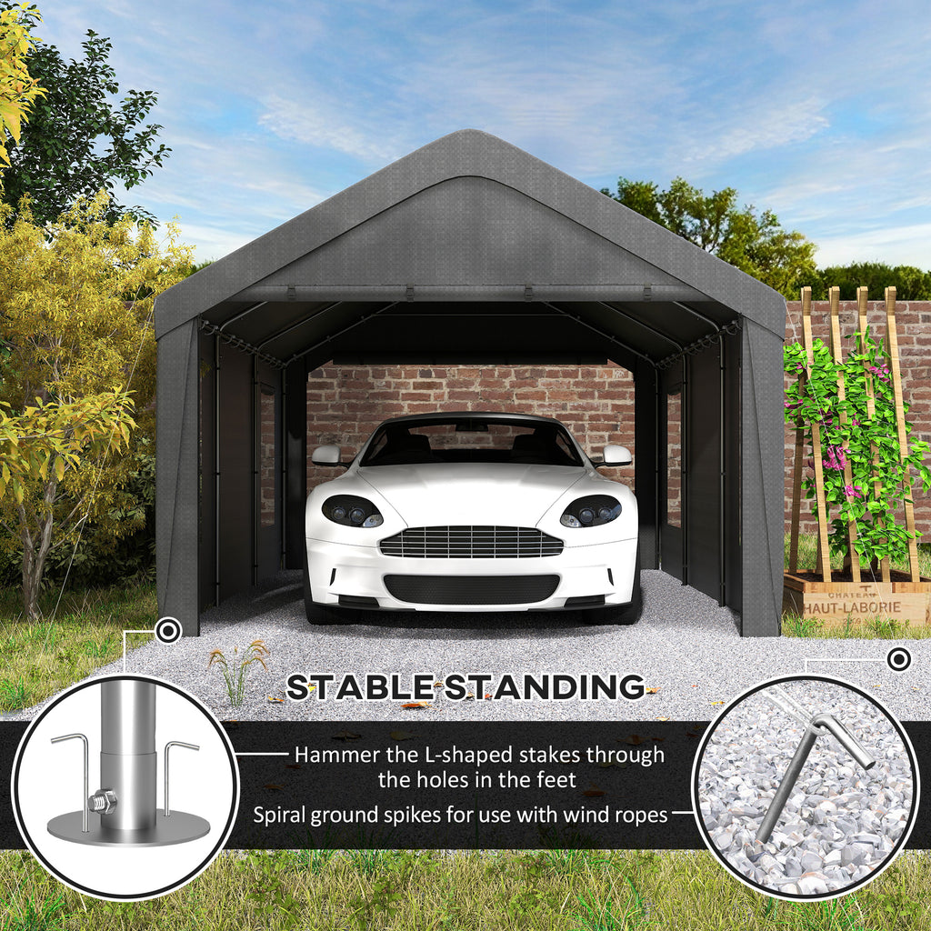 12 x 20ft Carport with 2 Roll-Up Doors, 4 Windows, Portable Garage with Removable Sidewalls for Car, Truck, Dark Grey