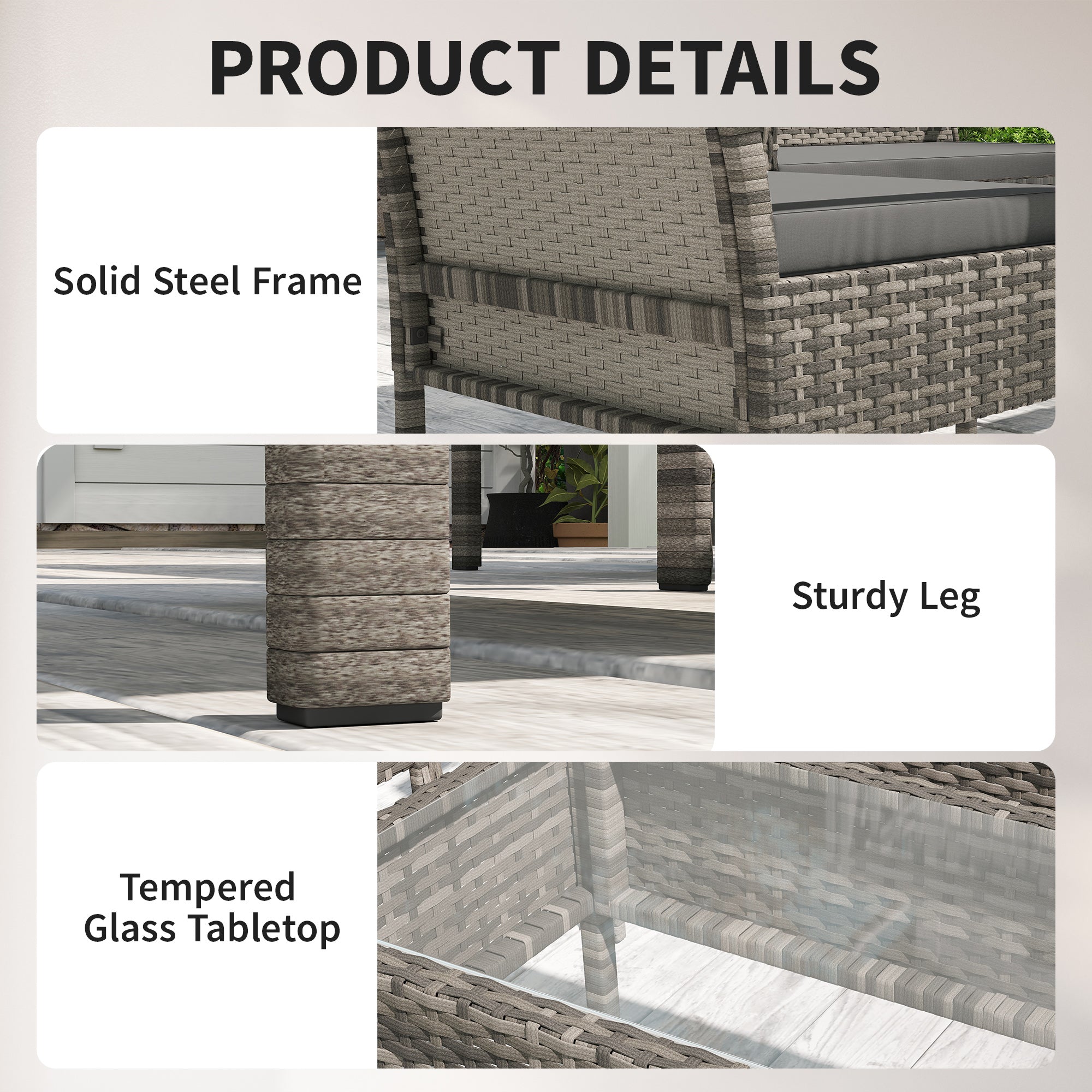 4 Pieces Patio Furniture Set with A Loveseat, Two Armchairs and A Coffee Table, Outdoor Conversation Set, Dark Grey