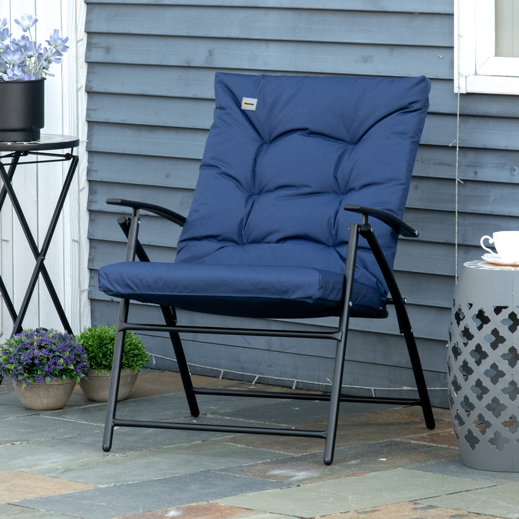 Foldable Lounge Chair, Fabric Upholstered Recliner, Outdoor Lounger with Armrest, Metal Frame for Backyard, Blue