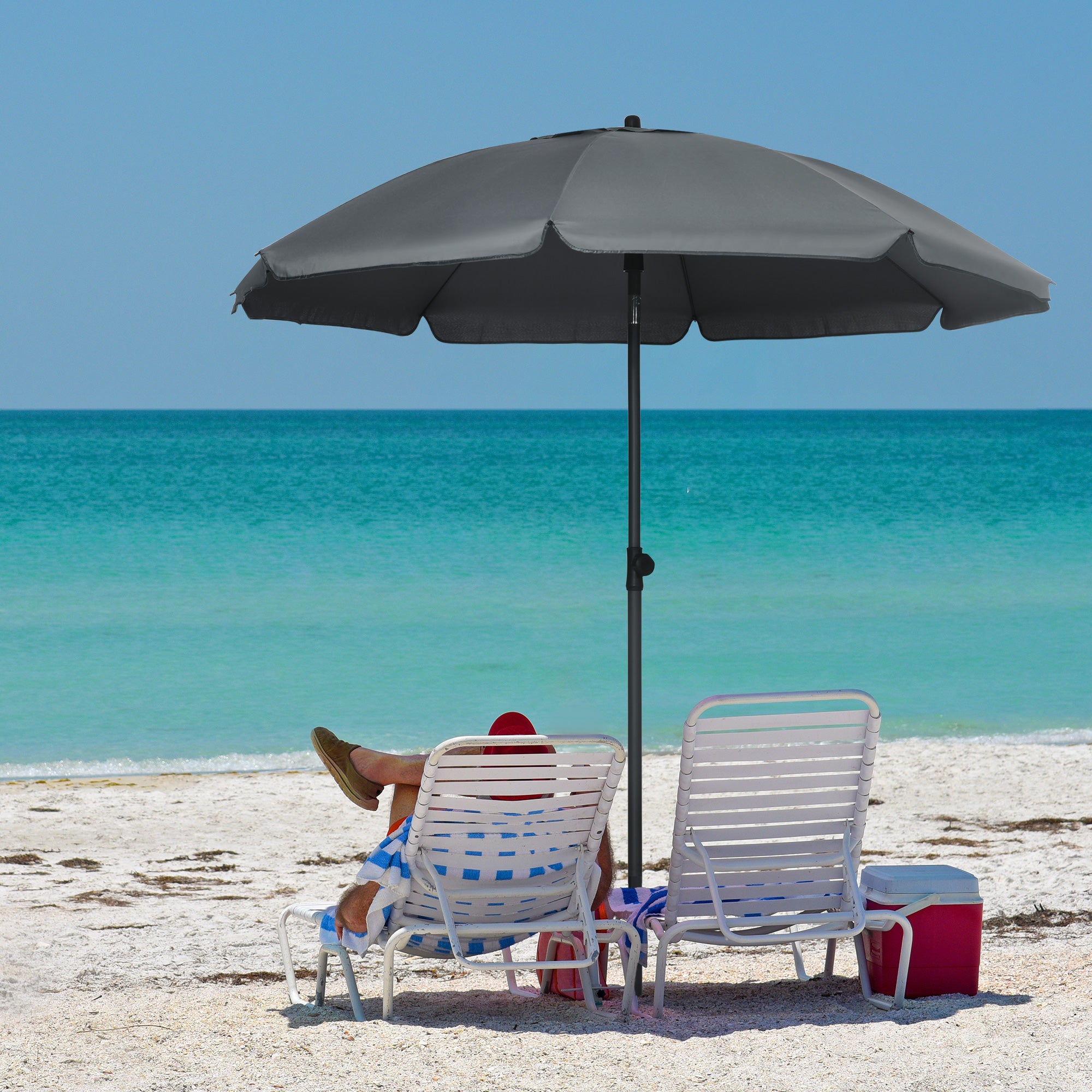 6ft Beach Umbrella, Outdoor Sun Shade Parasol with Push Button Tilt, Ruffled  UV50+ Vented Canopy, Dark Grey