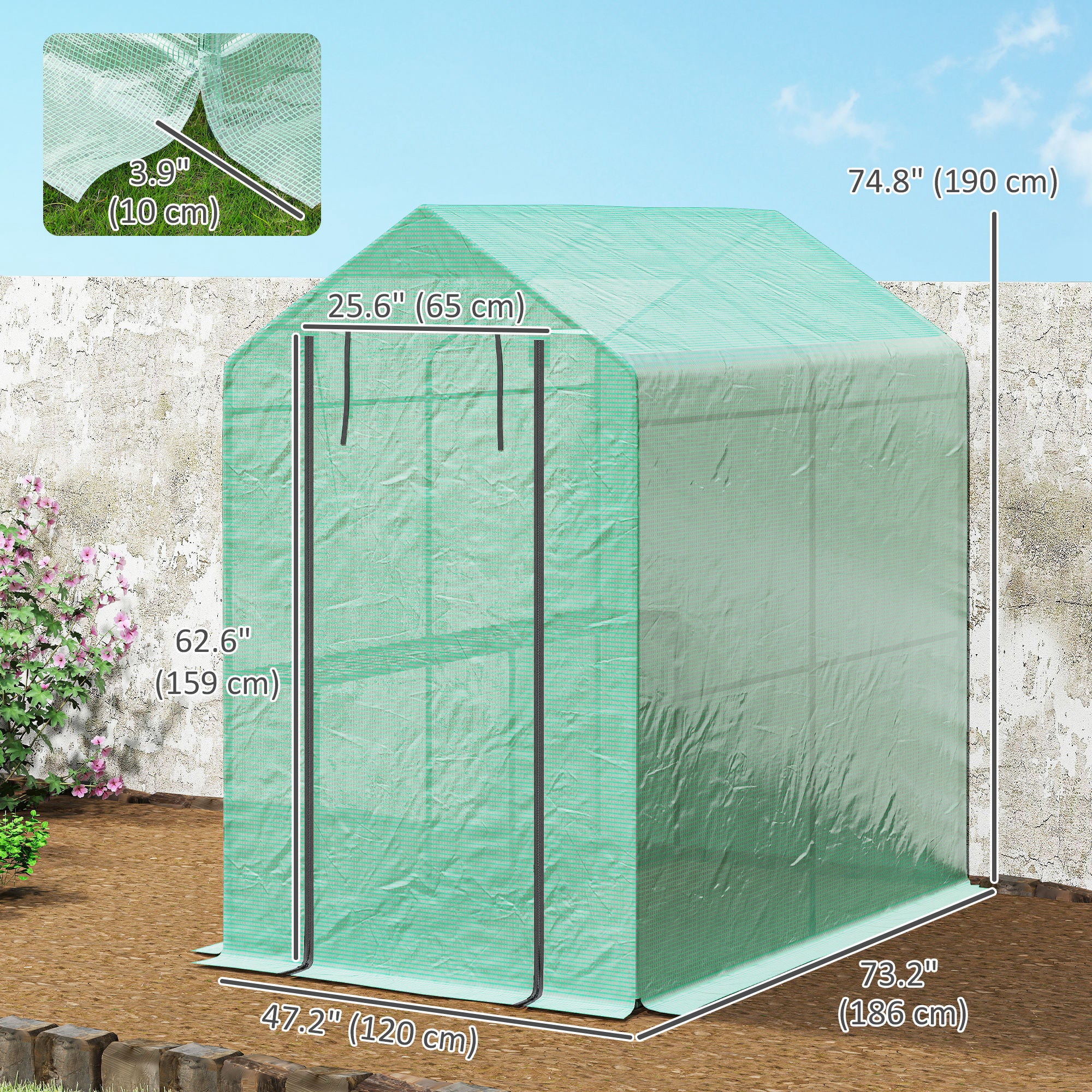 Walk-in Greenhouse Outdoor Portable Plant Flower Growth Warm House with Roll-up Door, 73" x 47" x 75", Green