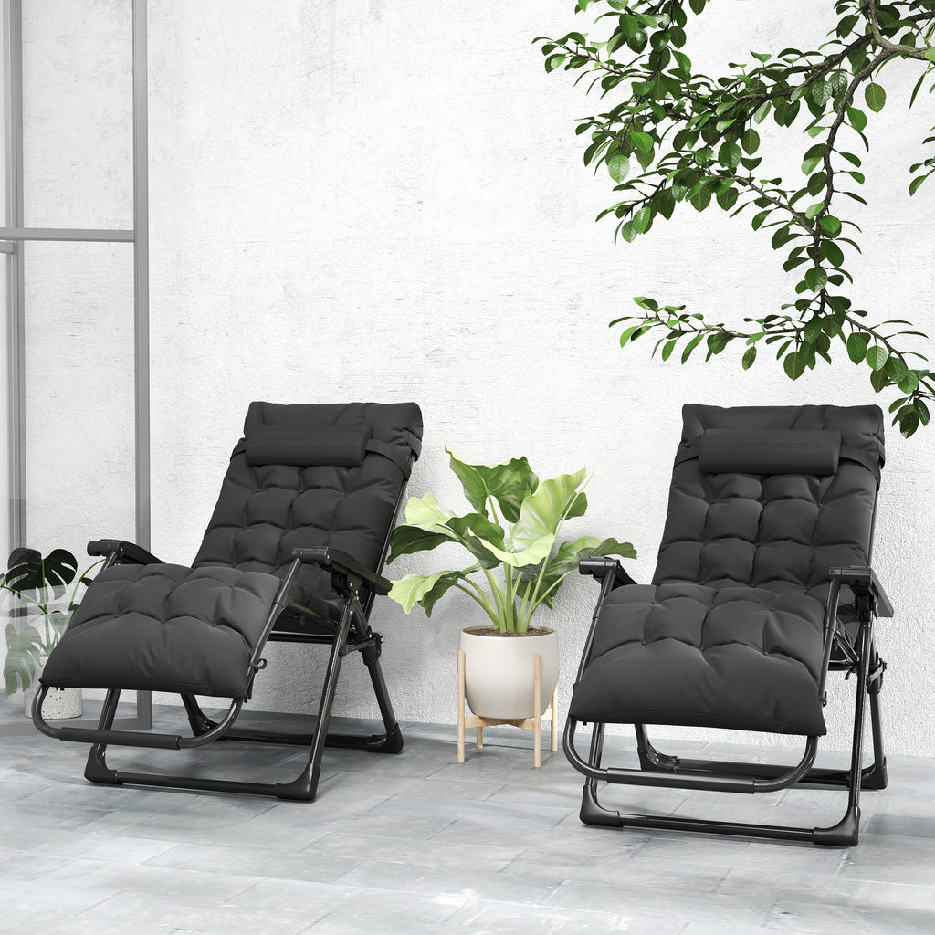 Folding Garden Chairs Set of 2, Reclining Zero Gravity Chair, Sun Lounger with Cushion and Headrest, Black