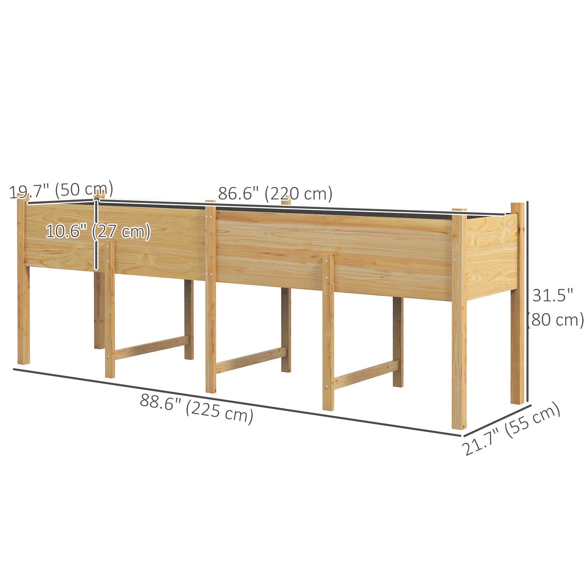 Wooden Raised Garden Bed Planter, Large Elevated Planter Box with Legs, Bed Liner and Drain Holes, 7.4' x 1.8' x 2.6'
