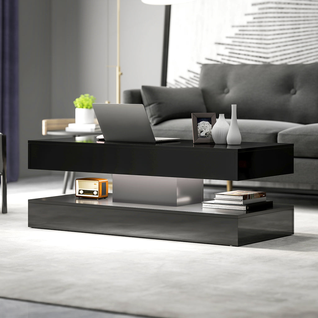 Coffee Table with Adjustable LED Lights, Modern Living Room Table with 2 Drawers, Open Shelf, Remote, High Gloss Black