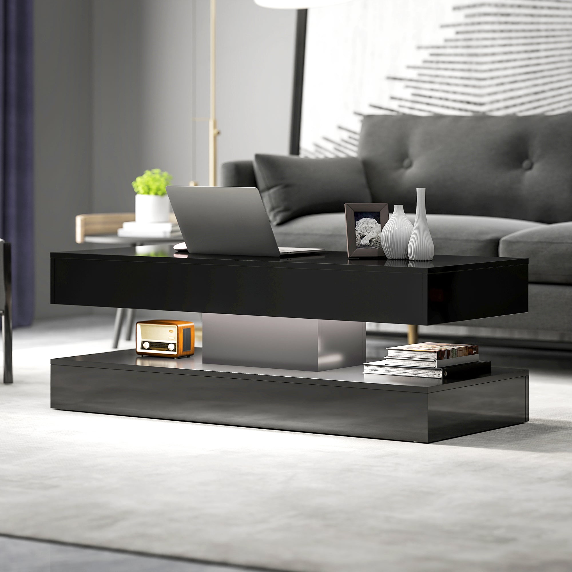 Coffee Table with Adjustable LED Lights, Modern Living Room Table with 2 Drawers, Open Shelf, Remote, High Gloss Black
