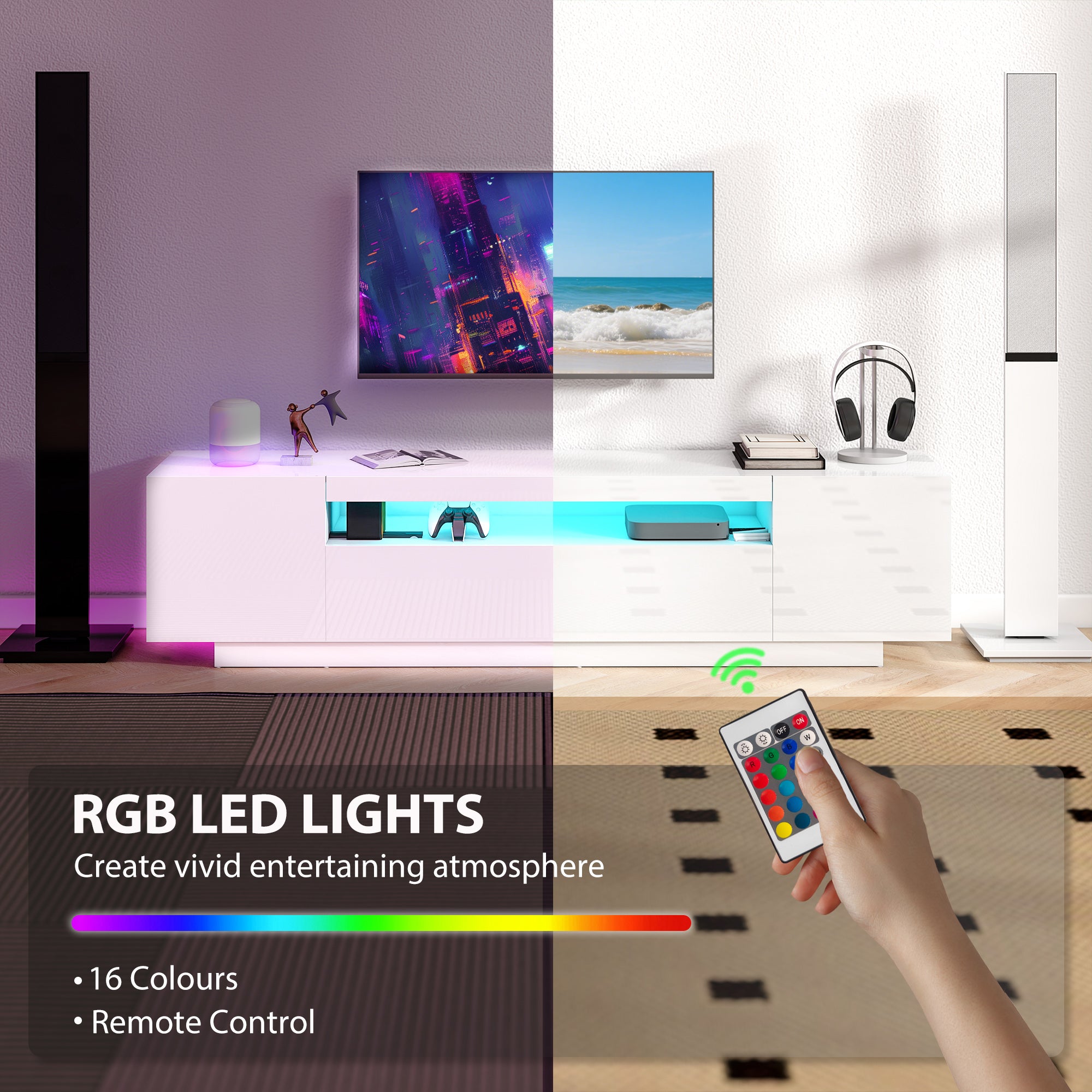 Entertainment Center with RGB LED Lights, TV Stand for 65-85 Inch TV, Modern TV Table for Living Room, High Gloss White