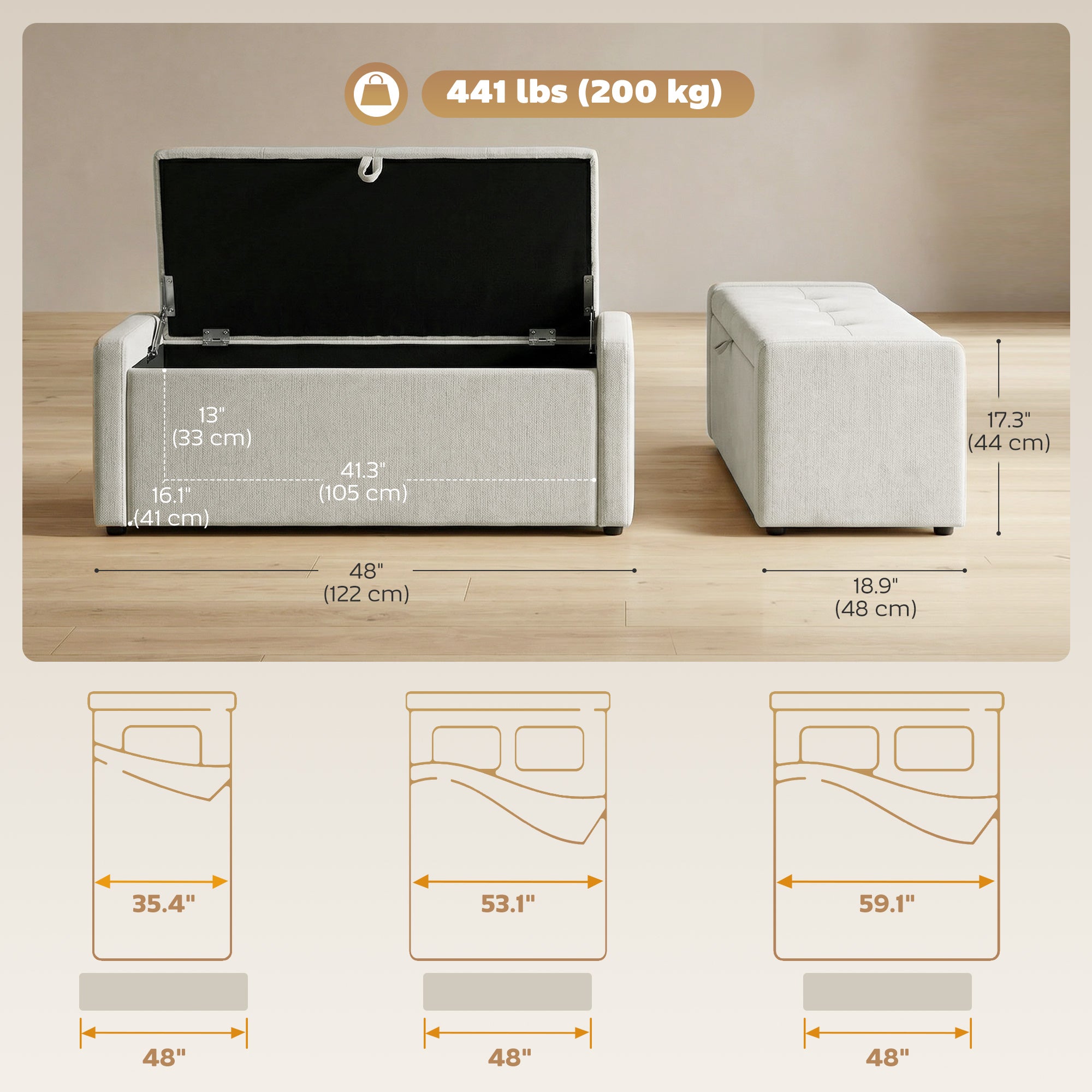 Storage Ottoman Bench, Linen-Look Fabric Upholstered Ottoman with Storage, Wide Padded Seat, Cream White