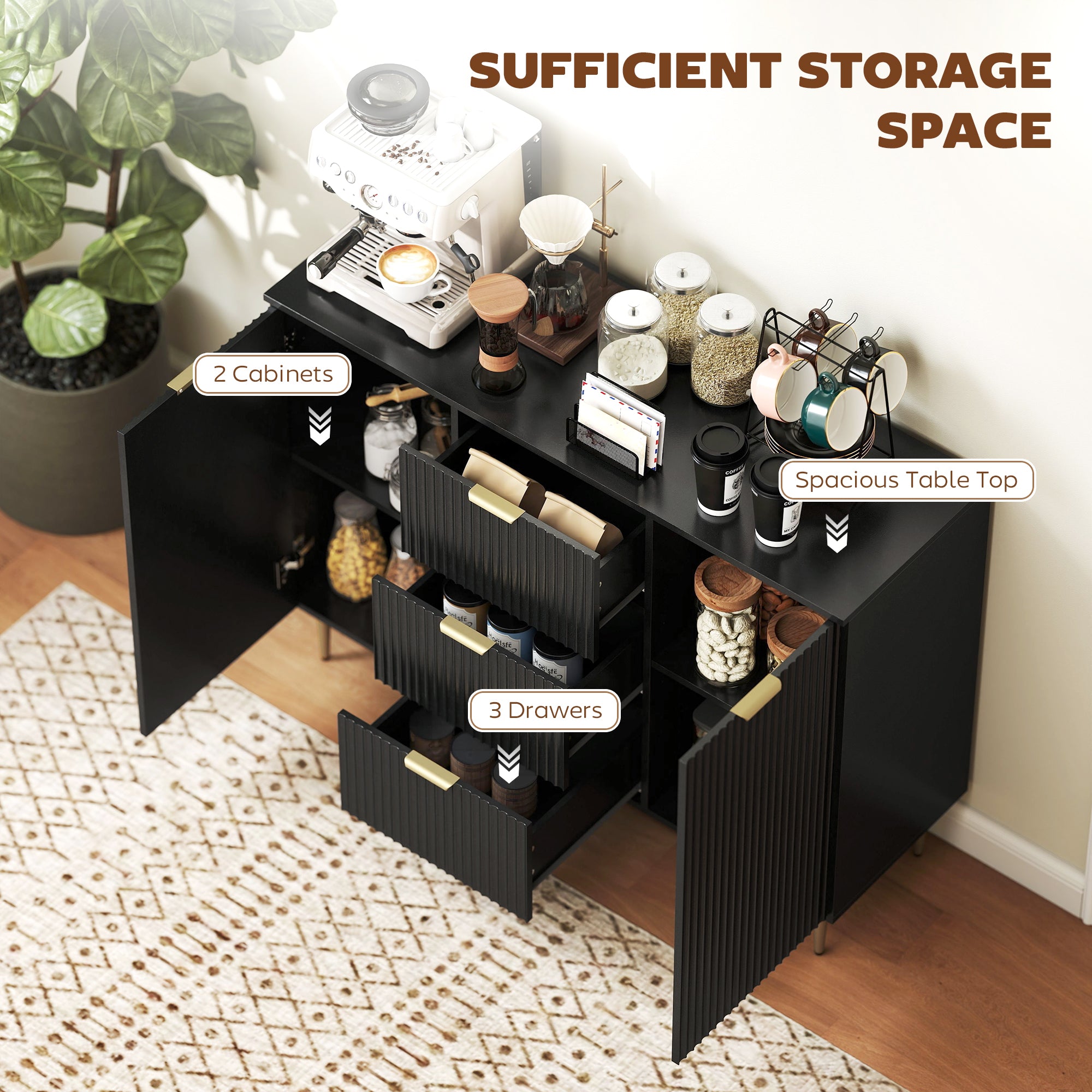 Modern Kitchen Storage Cabinet, Sideboard Buffet Cabinet w/ 3 Drawers and Adjustable Shelves for Kitchen Hallway, Black