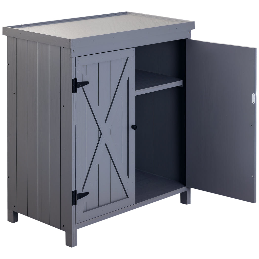 Garden Storage Cabinet, Outdoor Tool Shed with Galvanized Top and Two Shelves for Yard Tools or Pool Accessories, Grey