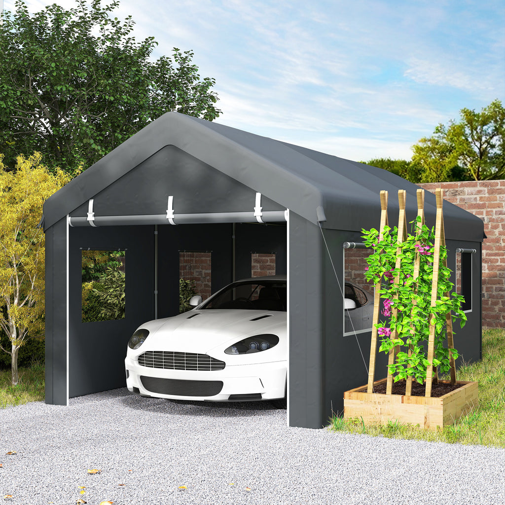 10' x 20' Carport, Heavy Duty Portable Garage with 6 Mesh Windows and 2 Doors, Dark Grey