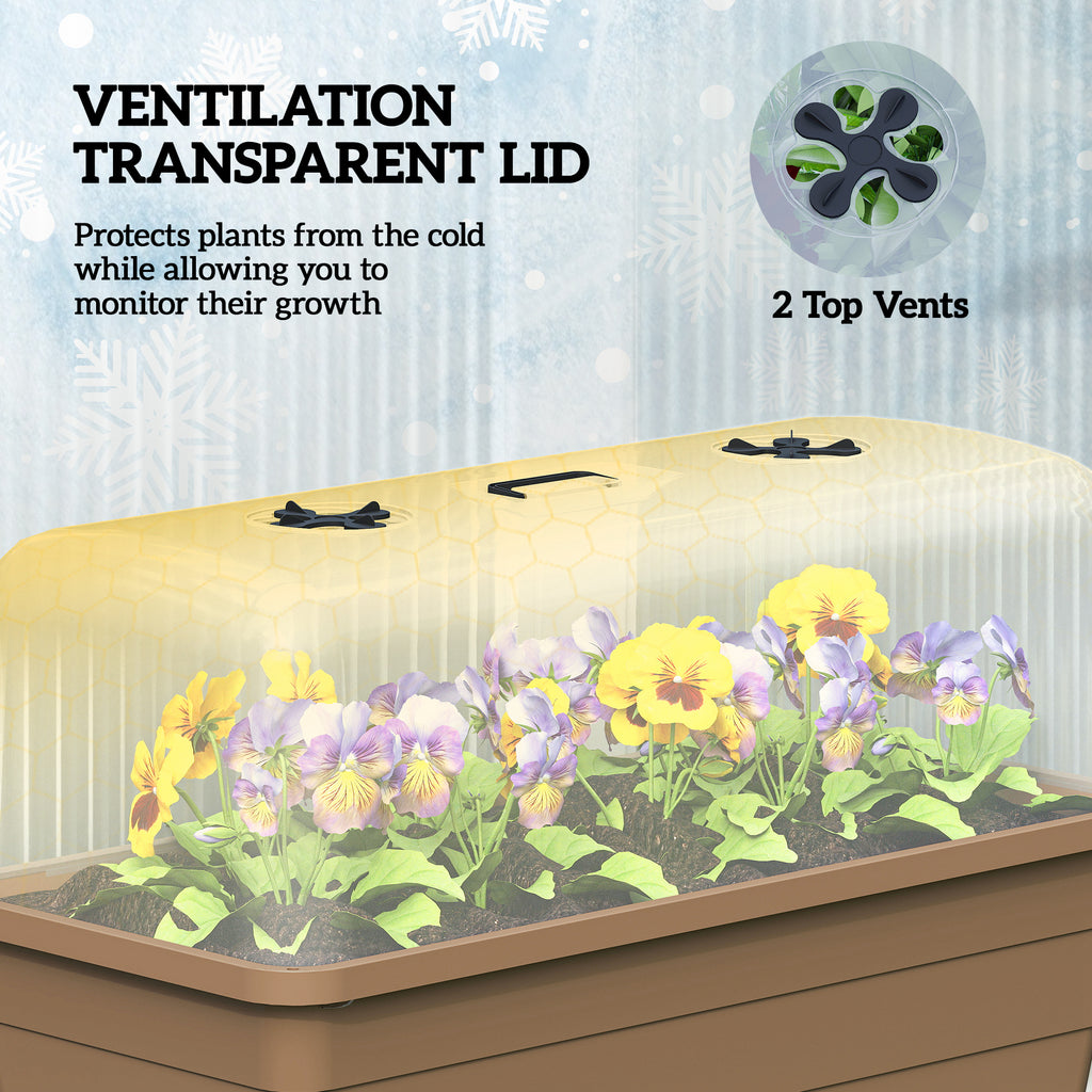 41L Self Watering Raised Garden Bed w/ Ventilation Transparent Lid Greenhouse, Planter Box w/ Storage Shelf, Brown