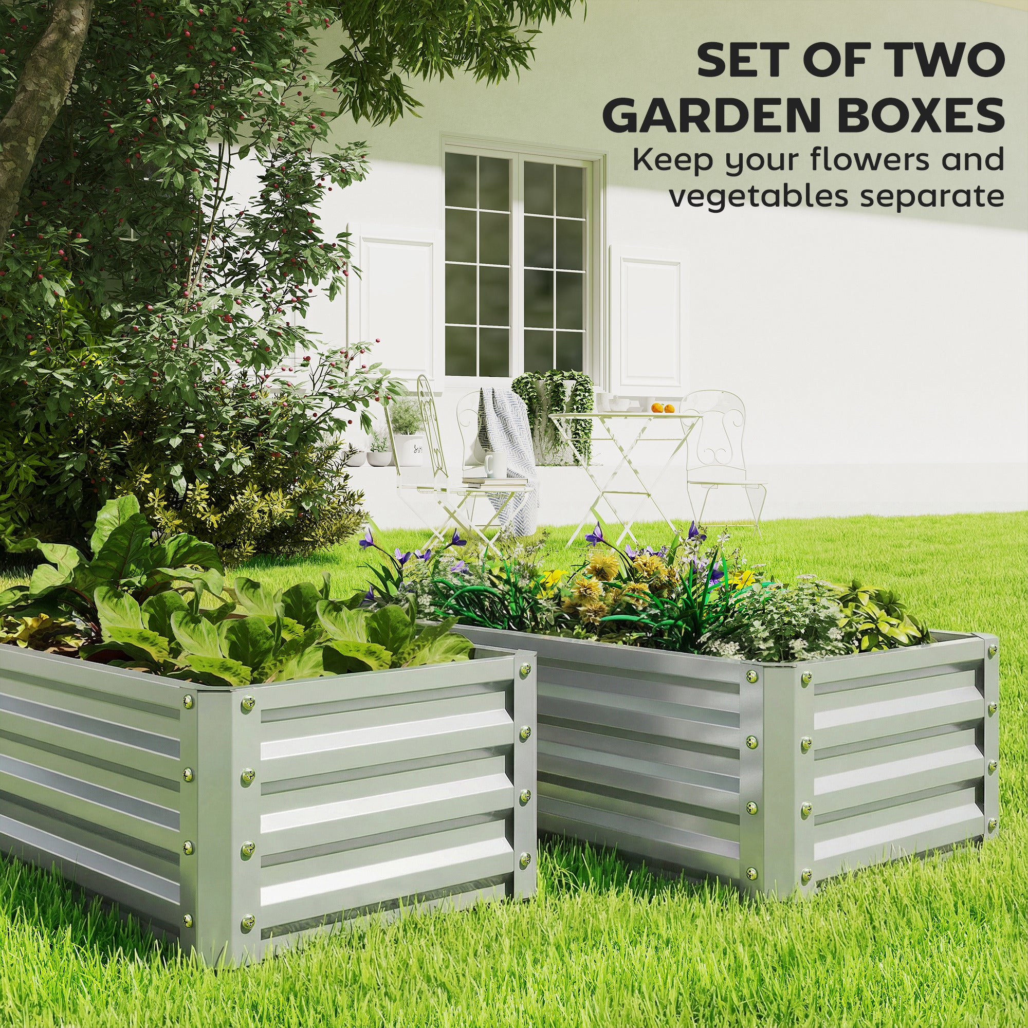 Galvanized Raised Garden Beds, Outdoor Planter Box, Set of 2, for Flowers, Herbs and Vegetables, Silver