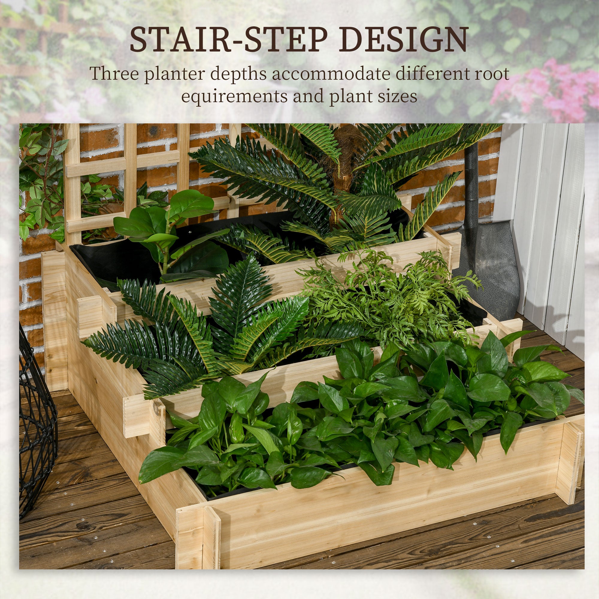 Wooden Elevated Planter Box with Trellis for Climbing Plants, 3 Tier Raised Garden Bed for Garden, Outdoor, Natural