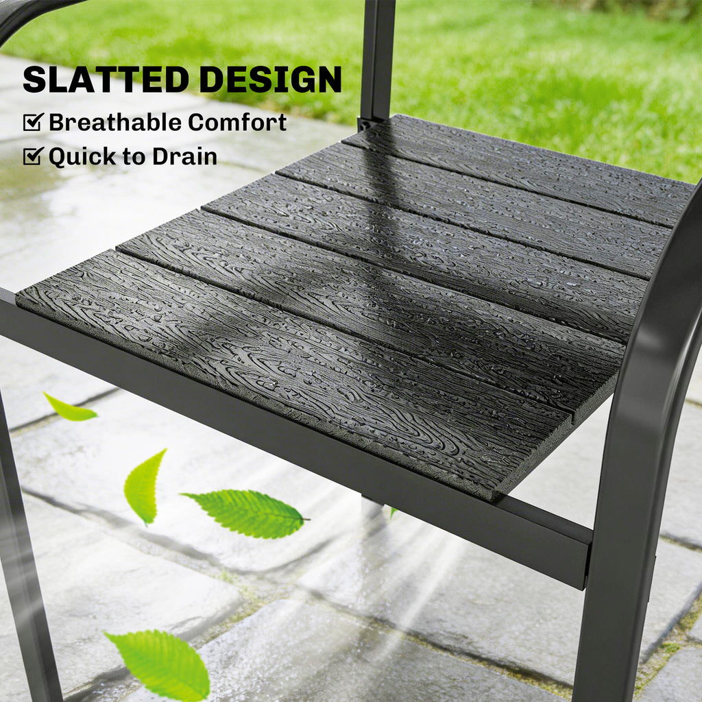 Stackable Patio Chairs Set of 4, Outdoor Dining Chairs with Slatted HDPE Seat, Armrests for Garden, Backyard, Black