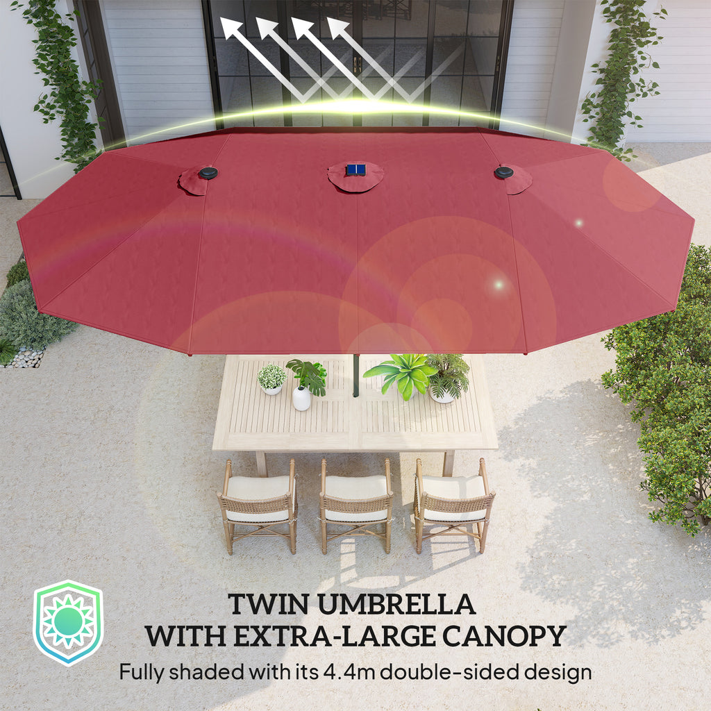 173.2" Double-Sided Sun Umbrella Garden Parasol Patio Sun Shade Outdoor with LED Solar Light, No Base Included, Wine Red