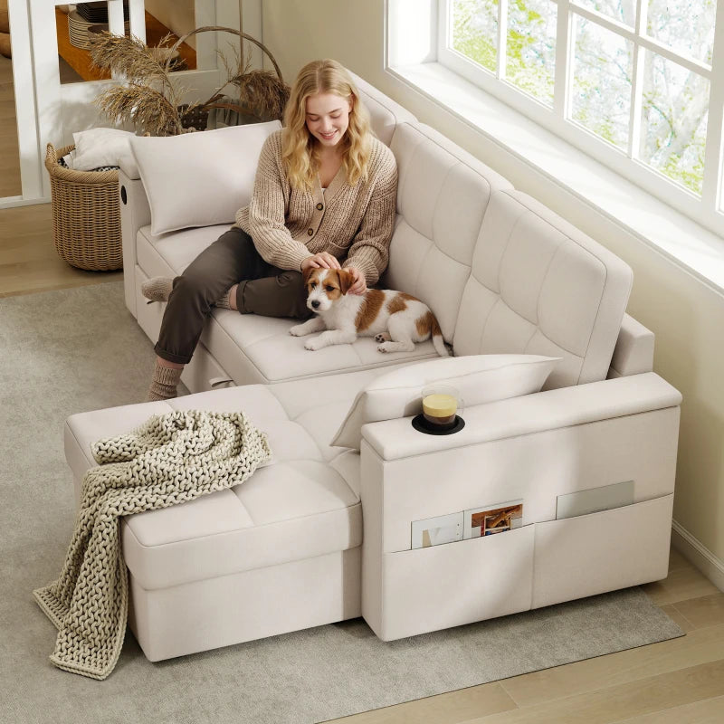 Beige L-shaped convertible sofa bed with pull-out sleeper and storage chaise