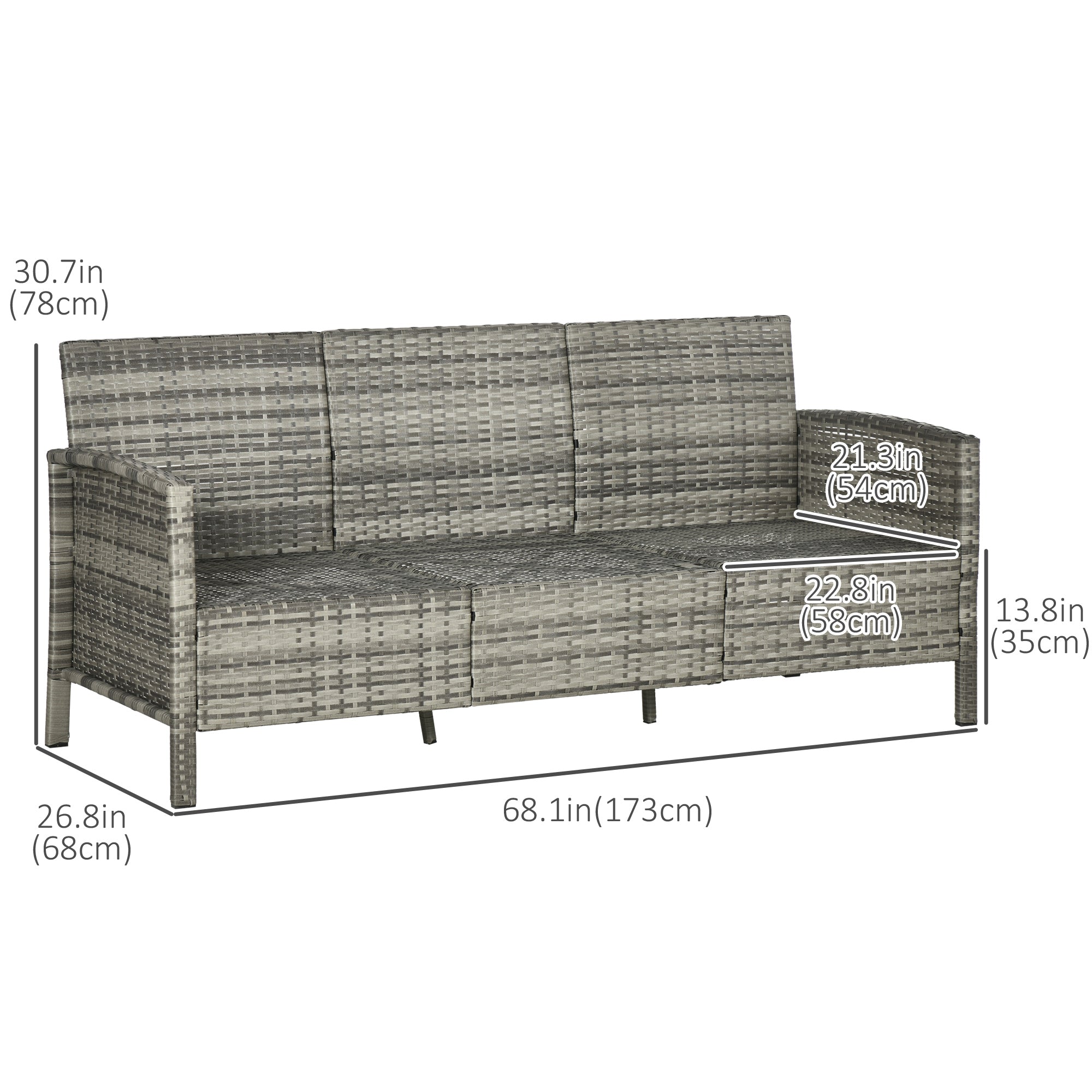 3-Seater Wicker Sofa, PE Rattan Outdoor Couch Conversation Furniture with Removable Cushions for Patio, Garden, Grey