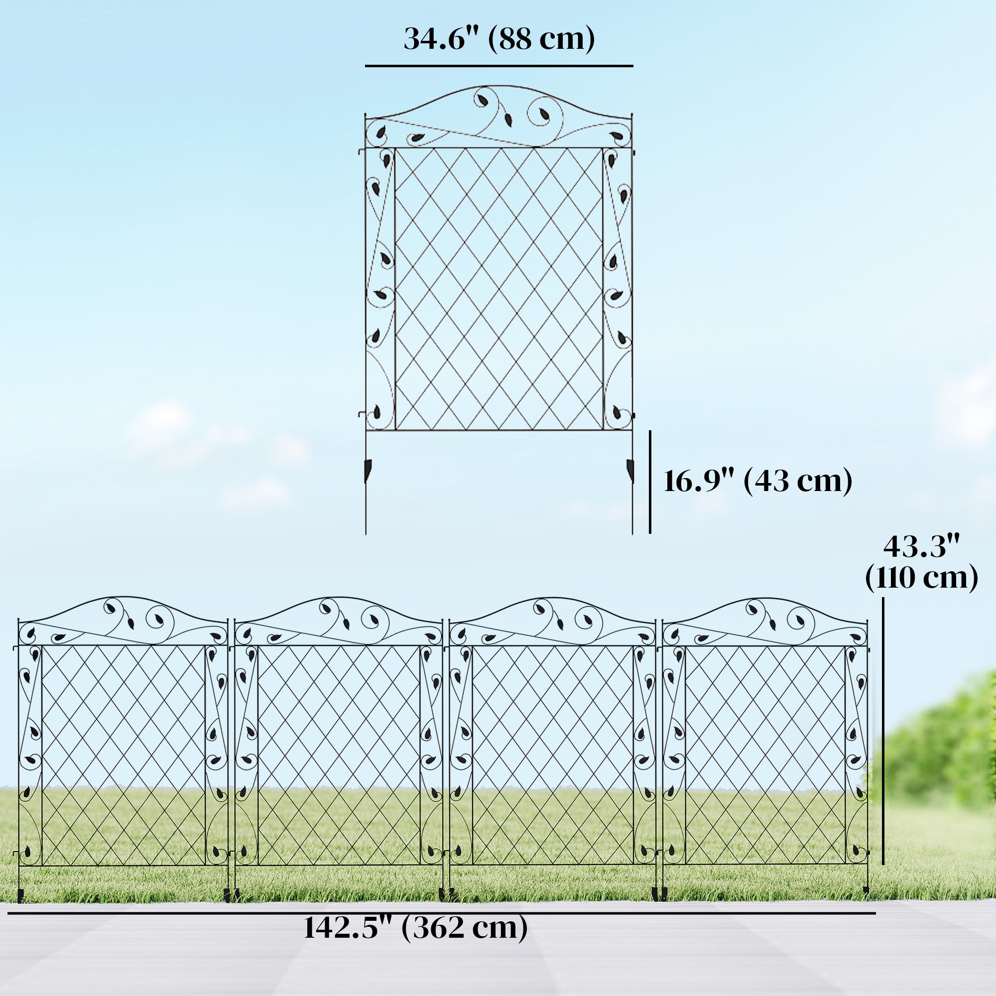 Outdoor Metal Garden Fence Panels, Border Edging for Yard, Patio, 4 Pack, Wavey Vines